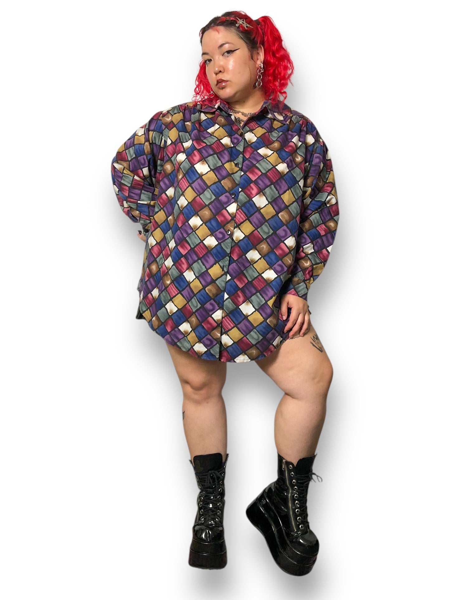 Y2K Roaman’s Colorful Checkerboard Button Down Shirt (XL/2X)