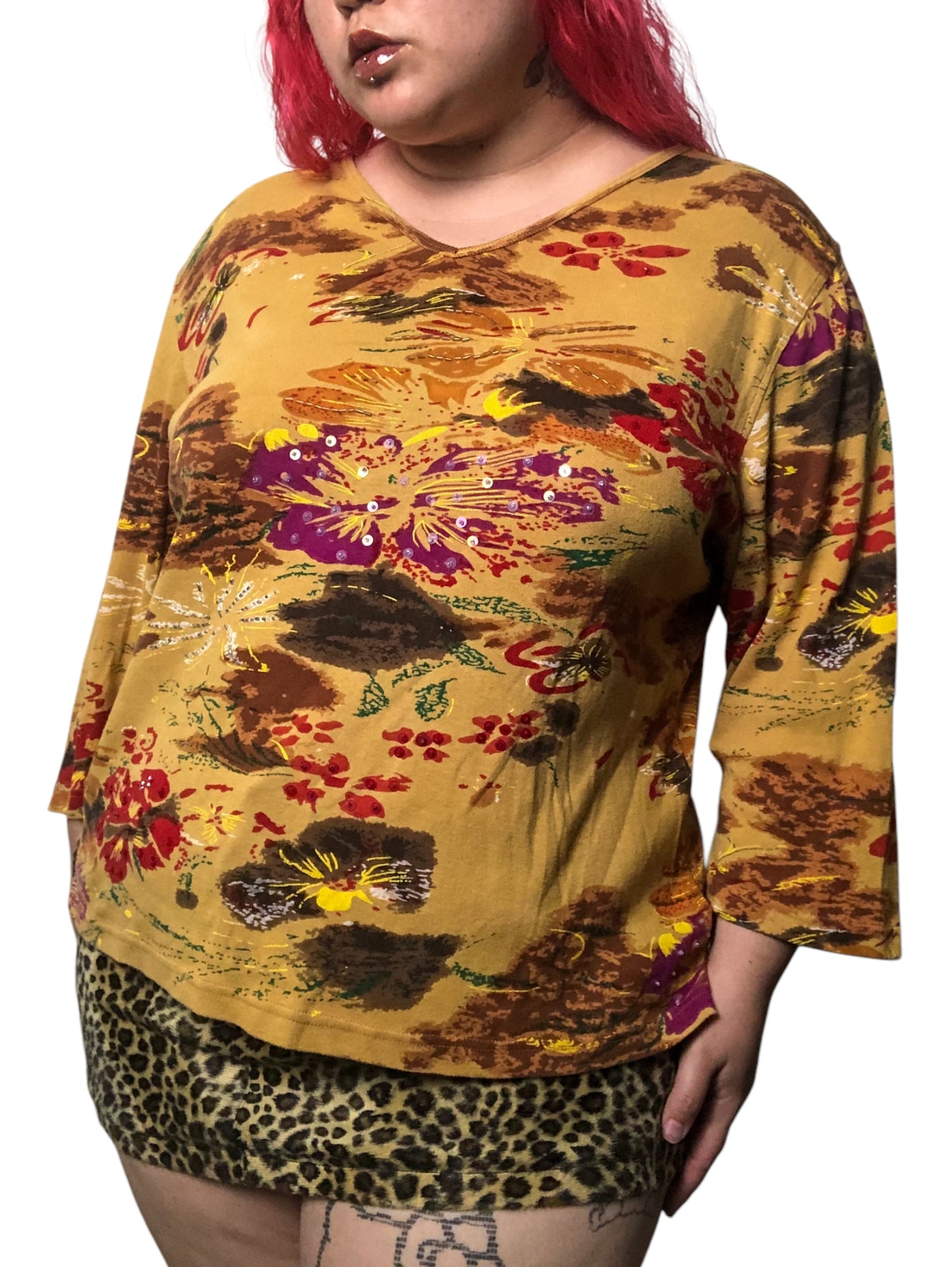 90’s/Y2K Jane Ashley Mustard Floral Print Long Sleeve Shirt (3X)