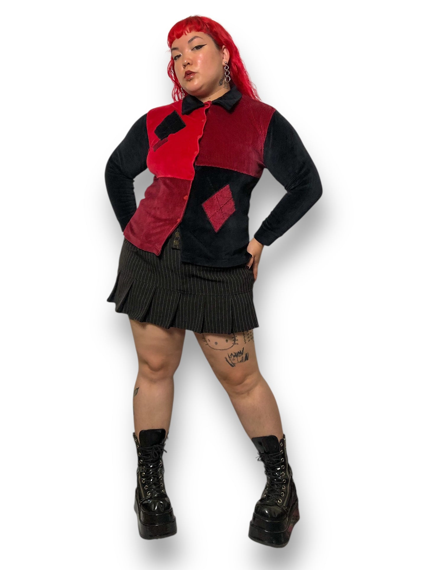 90’s Erika Red and Black Colorblock Velour Shirt (L)