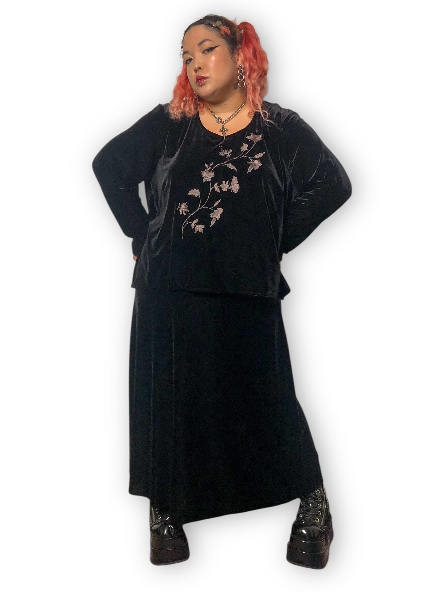90’s/Y2K Jazz II Black Velvet Long Sleeve Maxi Dress (3X)