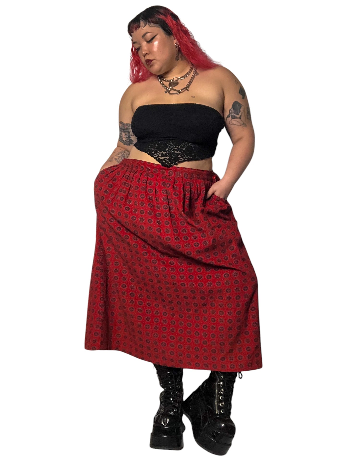 80’s/90’s Impressions II Red Patterned Corduroy Midi Skirt (2X/3X)