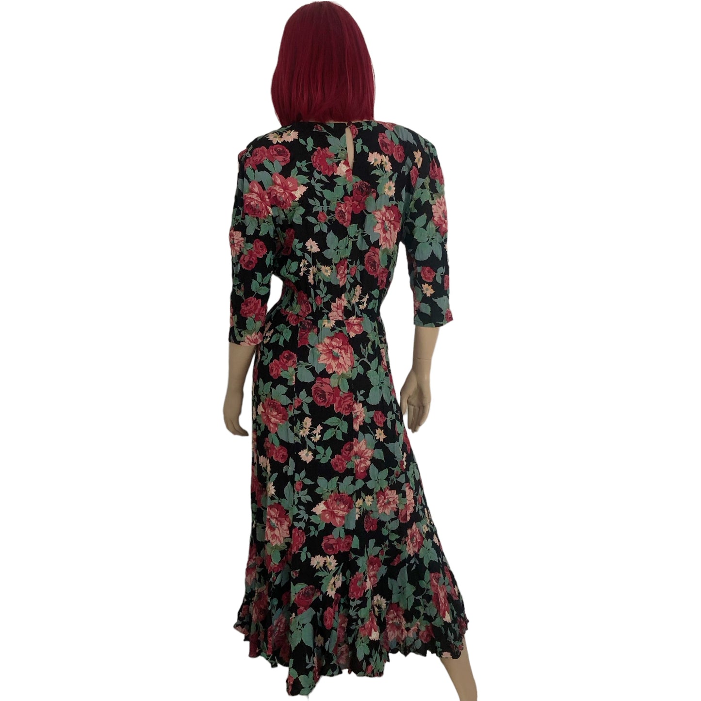 80’s Phoebe Black Floral Print Maxi Dress (L/XL)