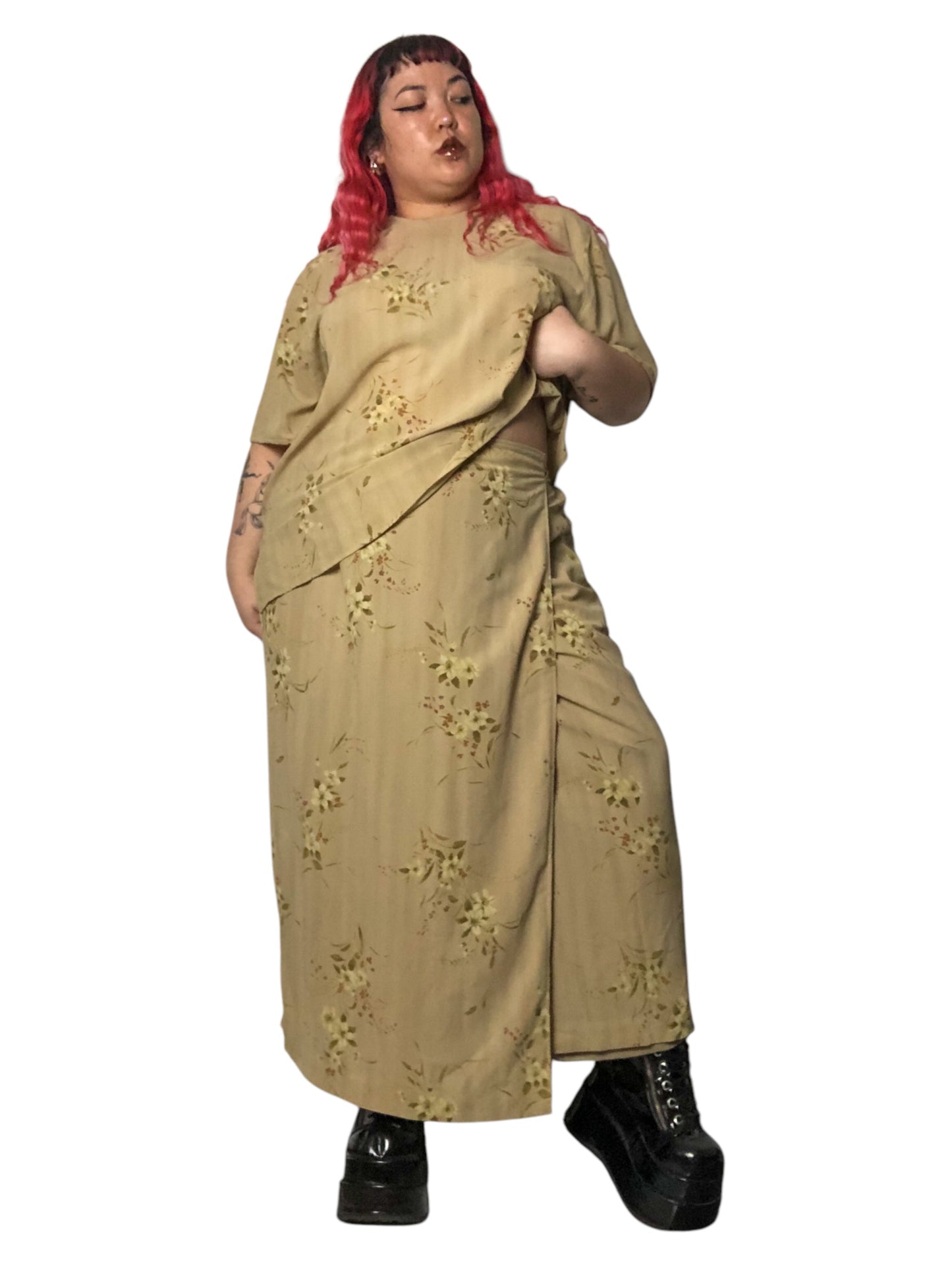 Y2K Rena Rowan Khaki Floral Print 2-Piece Set (3X)
