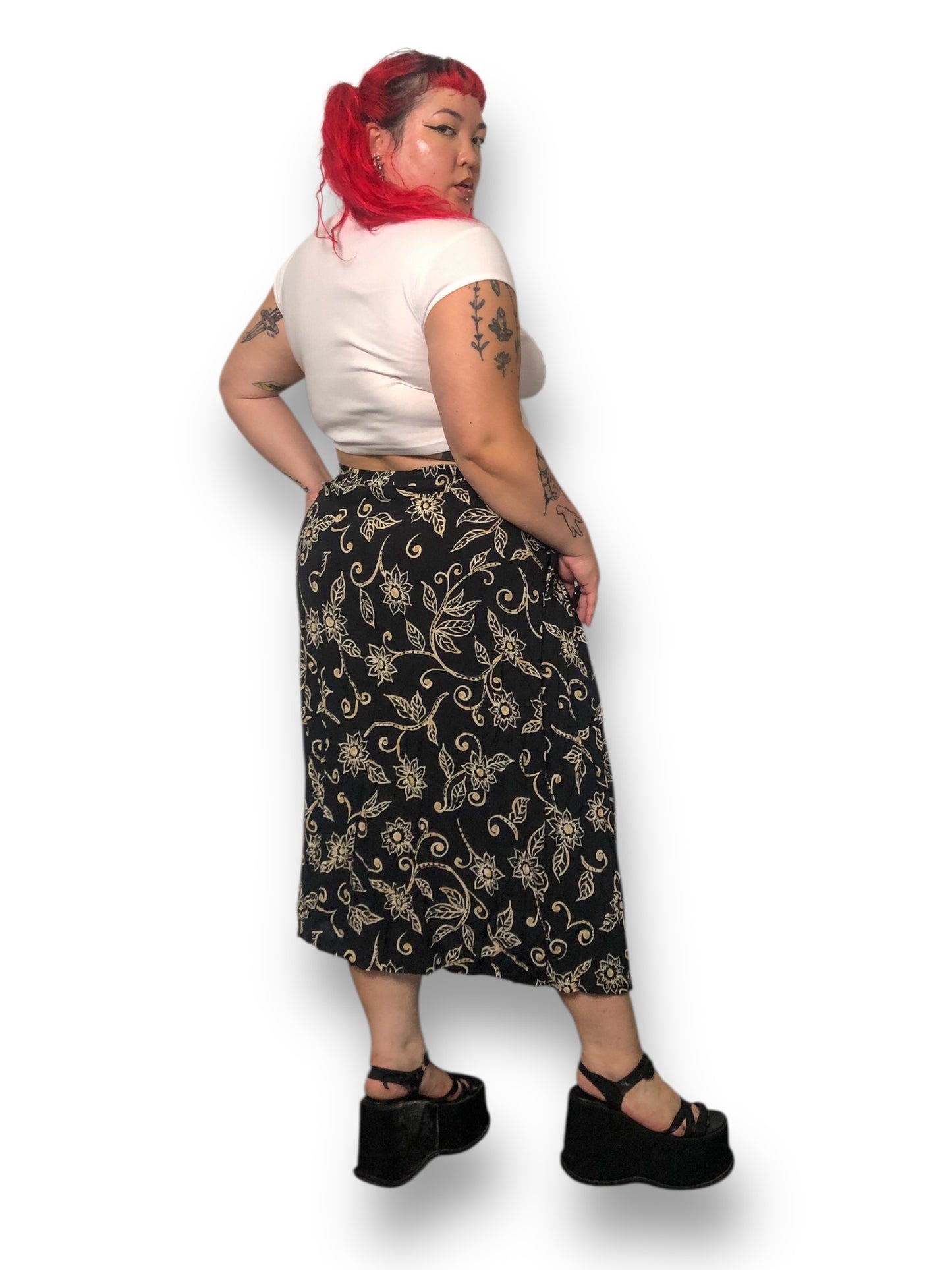 Y2K Sag Harbor Black Floral Print Midi Skirt (2X)