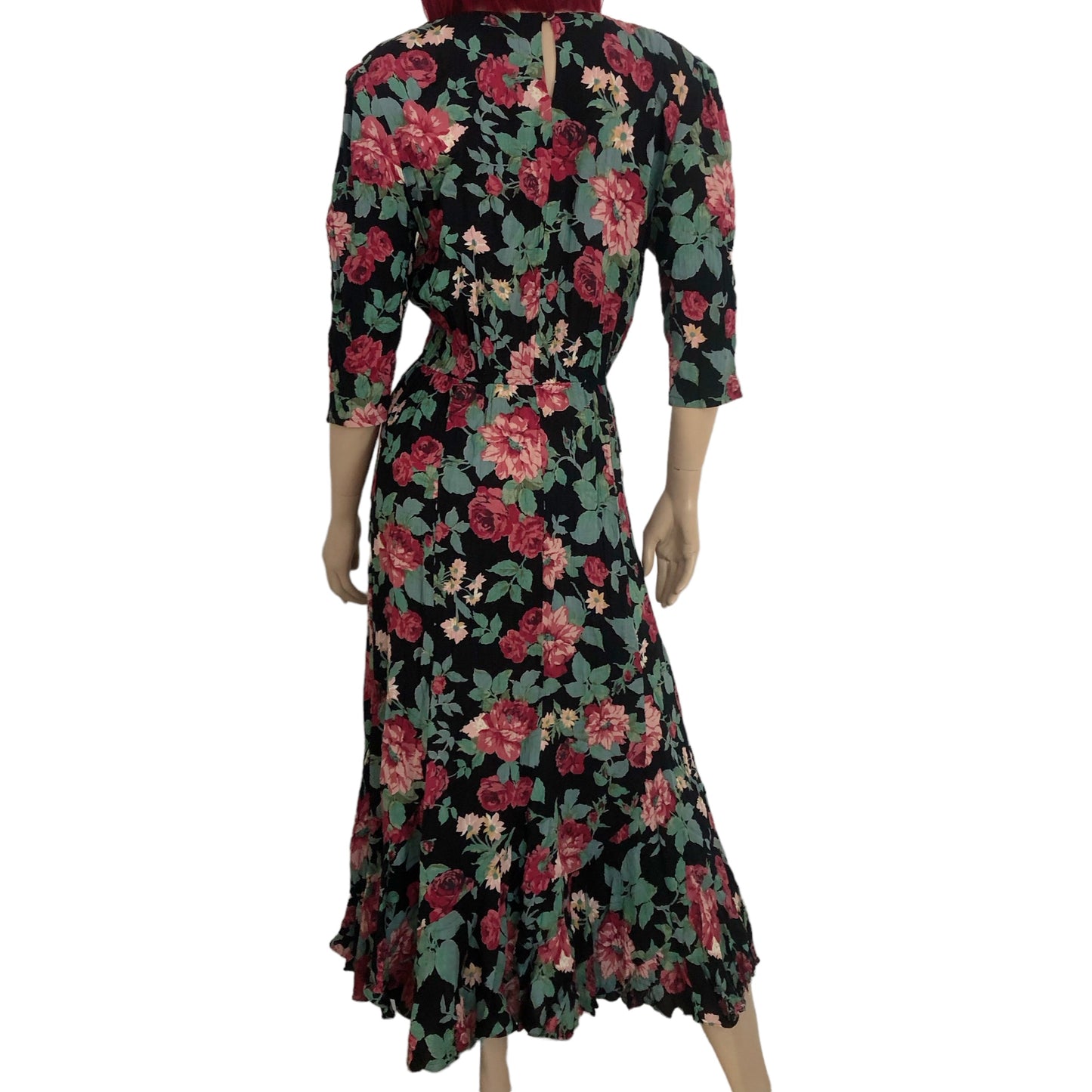 80’s Phoebe Black Floral Print Maxi Dress (L/XL)
