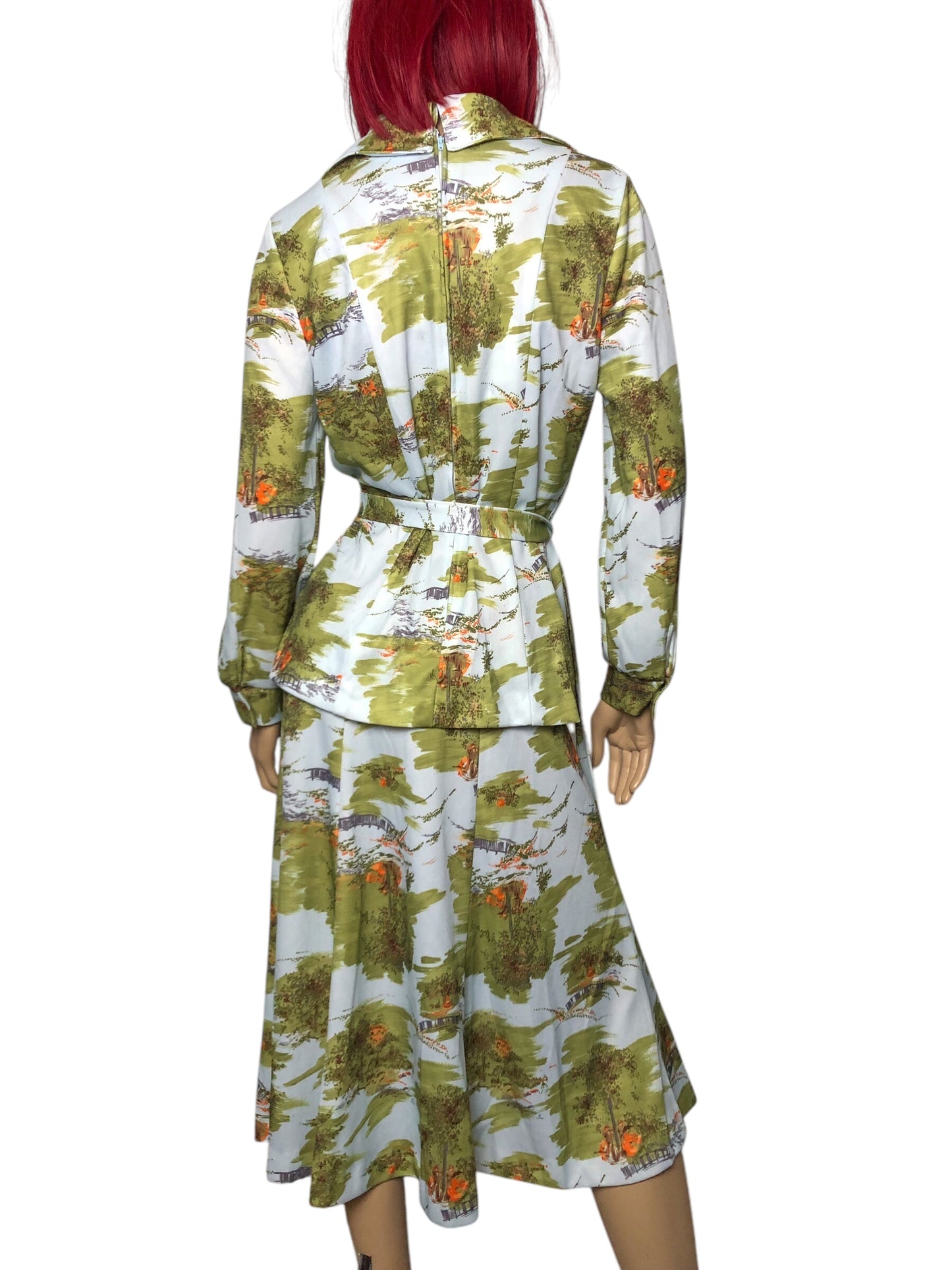 70’s White and Green Retro Print 2-Piece Set (L/XL)