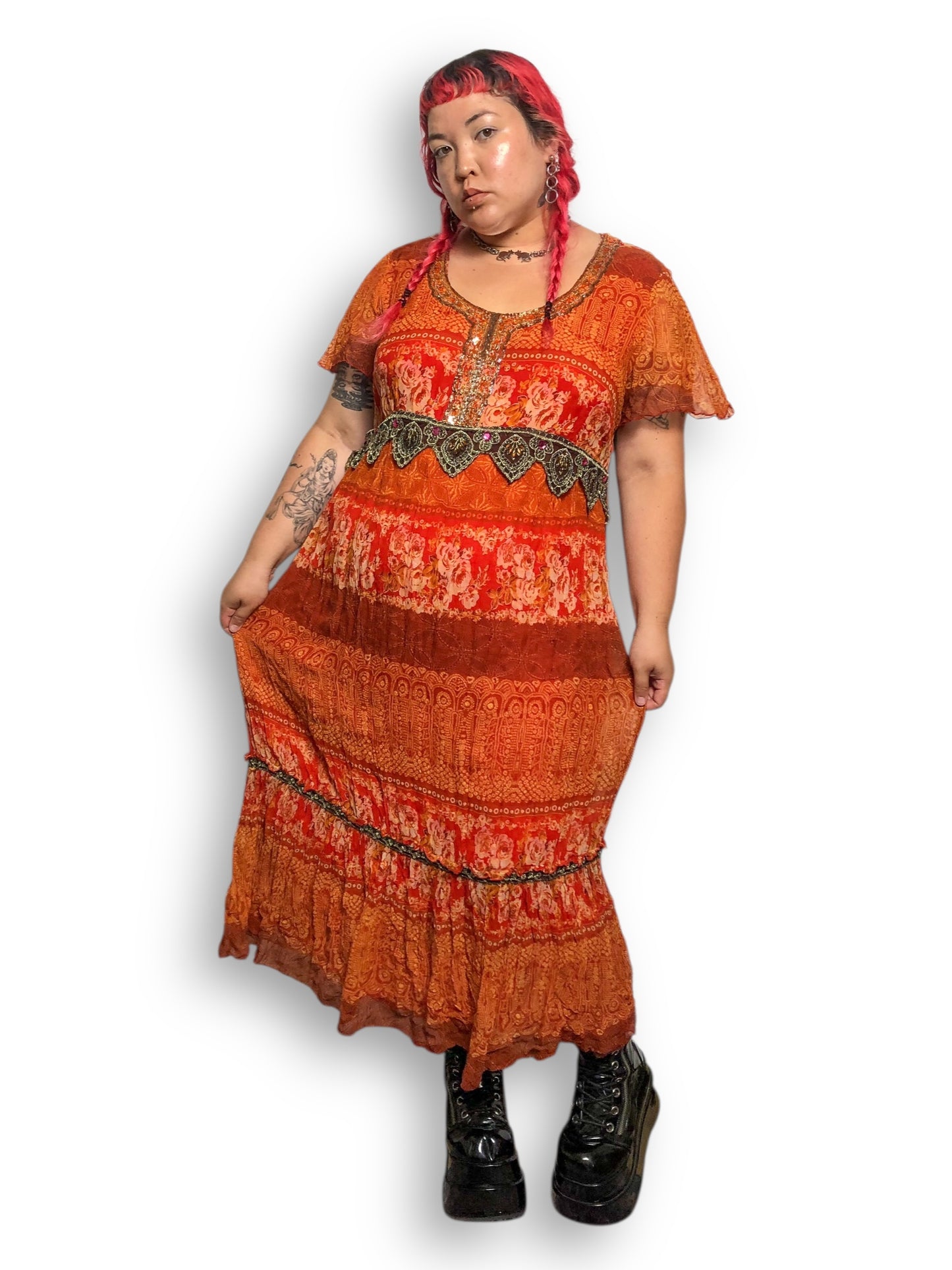 90’s/Y2K Signature by Robbie Bee Orange Patterned Maxi Dress (2X)