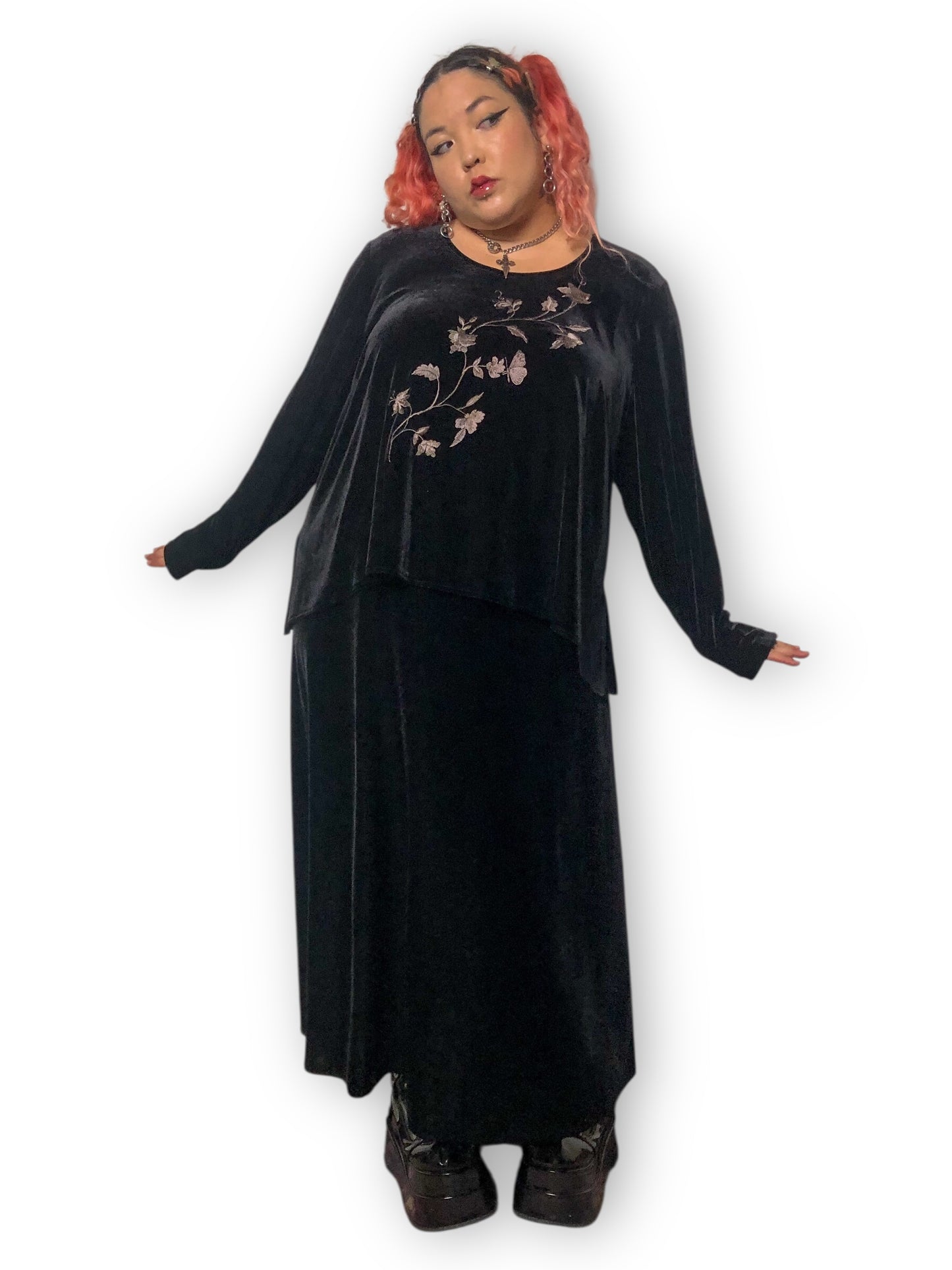 90’s/Y2K Jazz II Black Velvet Long Sleeve Maxi Dress (3X)