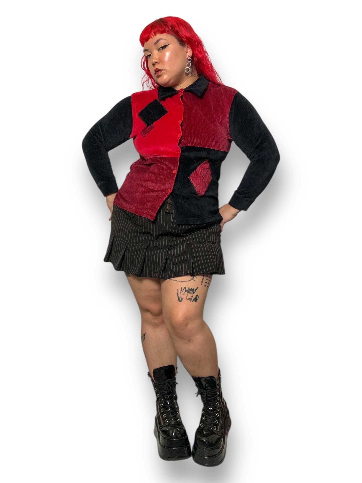 90’s Erika Red and Black Colorblock Velour Shirt (L)