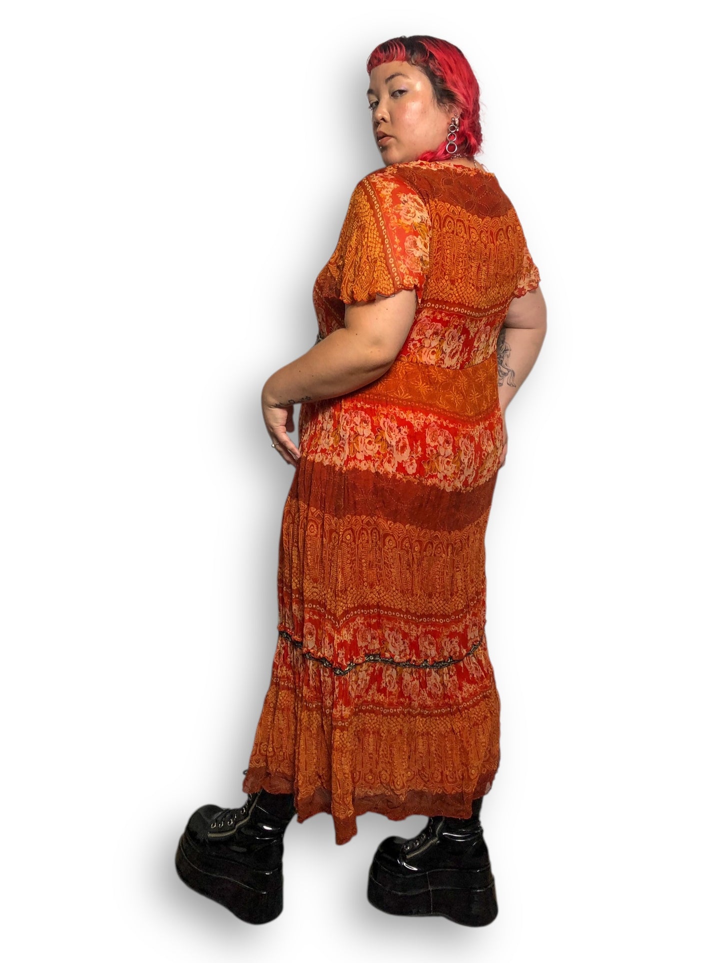 90’s/Y2K Signature by Robbie Bee Orange Patterned Maxi Dress (2X)