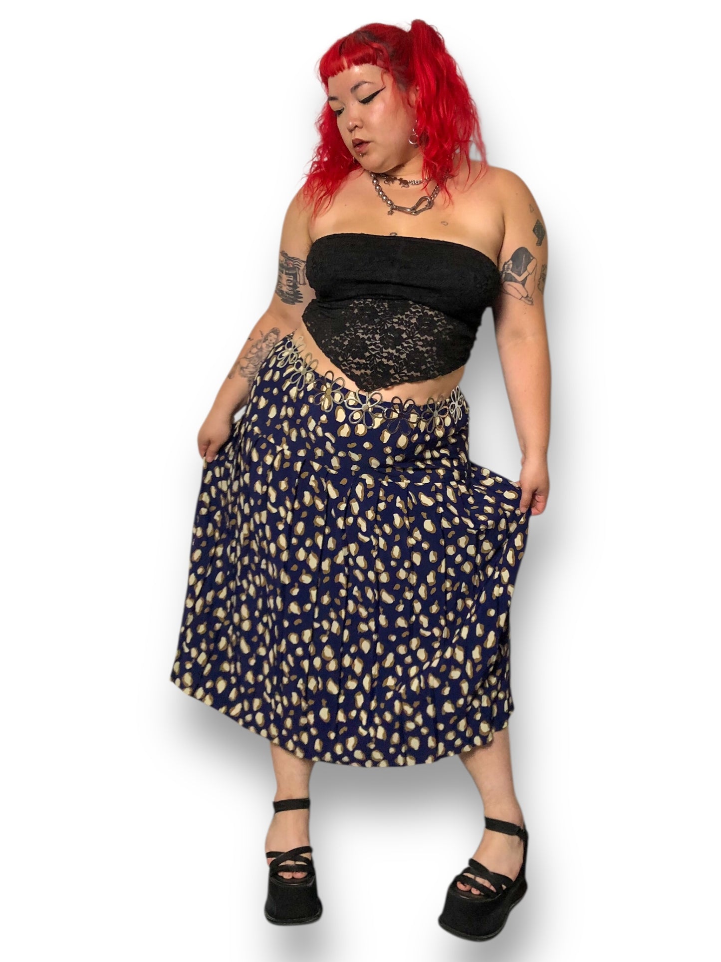 70’s/80’s Navy Blue Patterned Pleated Skirt (2X/3X)