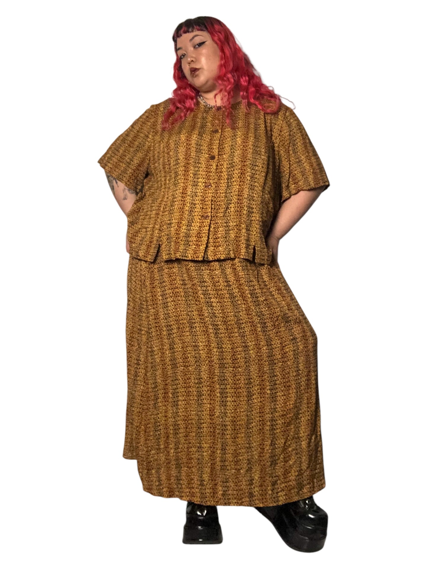 90’s/Y2K Maggie McNaughton Yellow and Brown Patterned 2-Piece Set (3X)