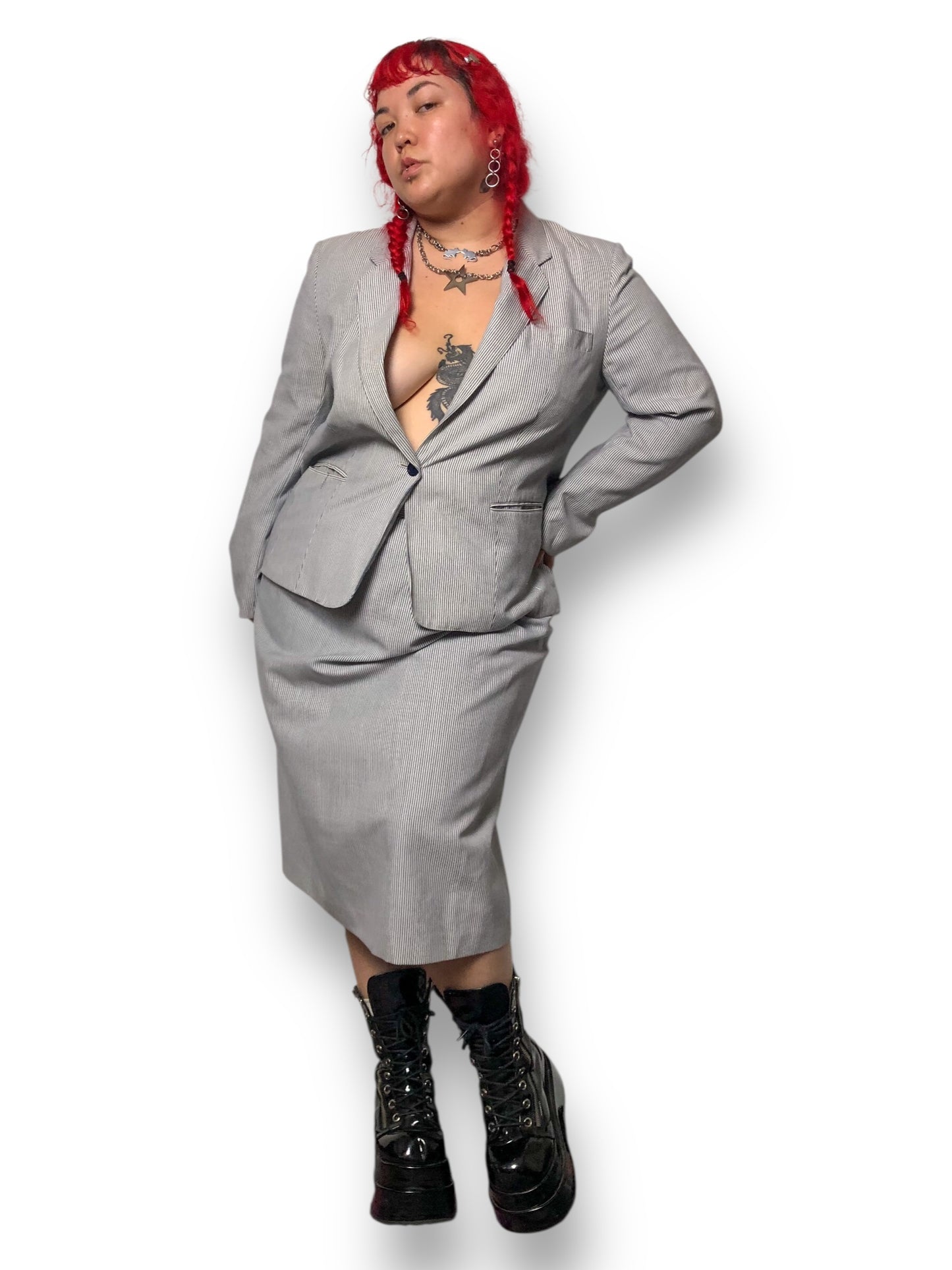 70’s Investments Gray and White Pinstripe Skirt Suit (2X)