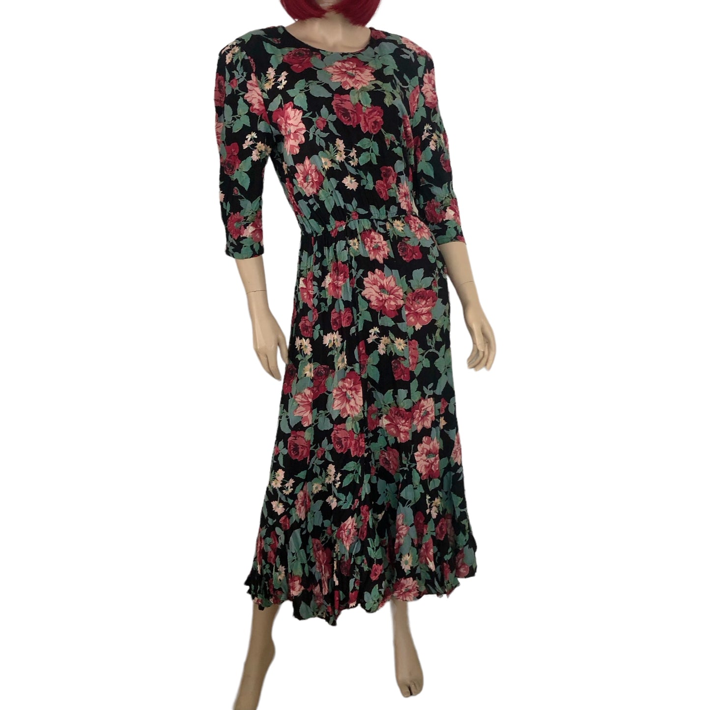 80’s Phoebe Black Floral Print Maxi Dress (L/XL)