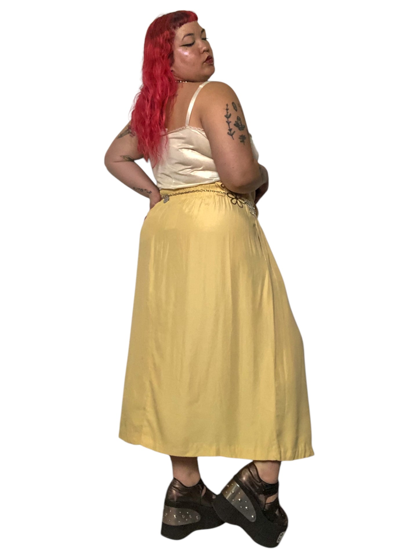 80’s/90’s Michael & Company Pale Yellow Pleated Midi Skirt (2X)