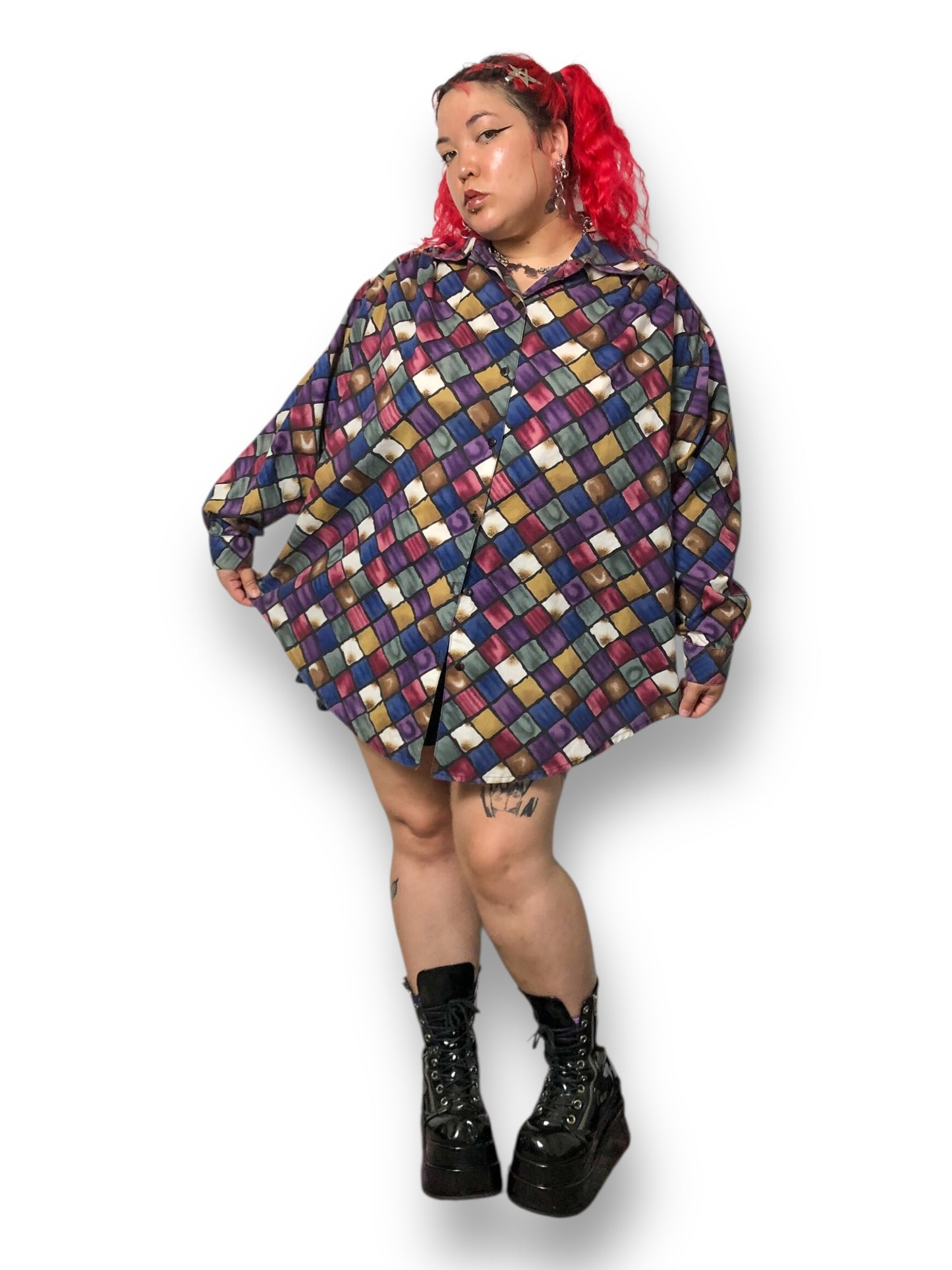 Y2K Roaman’s Colorful Checkerboard Button Down Shirt (XL/2X)