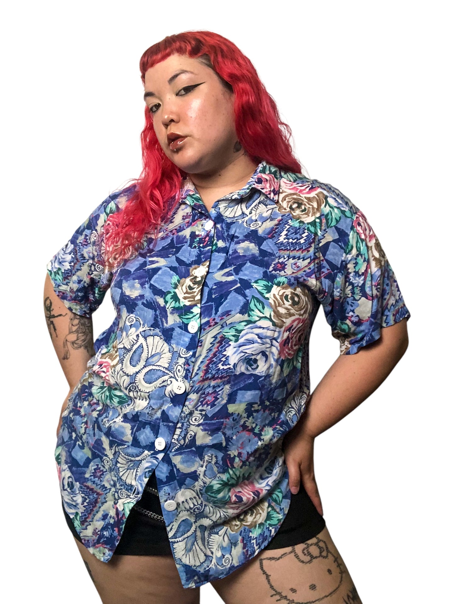 80’s/90’s Victoria Jones Blue Retro Print Button Down Shirt (2X)