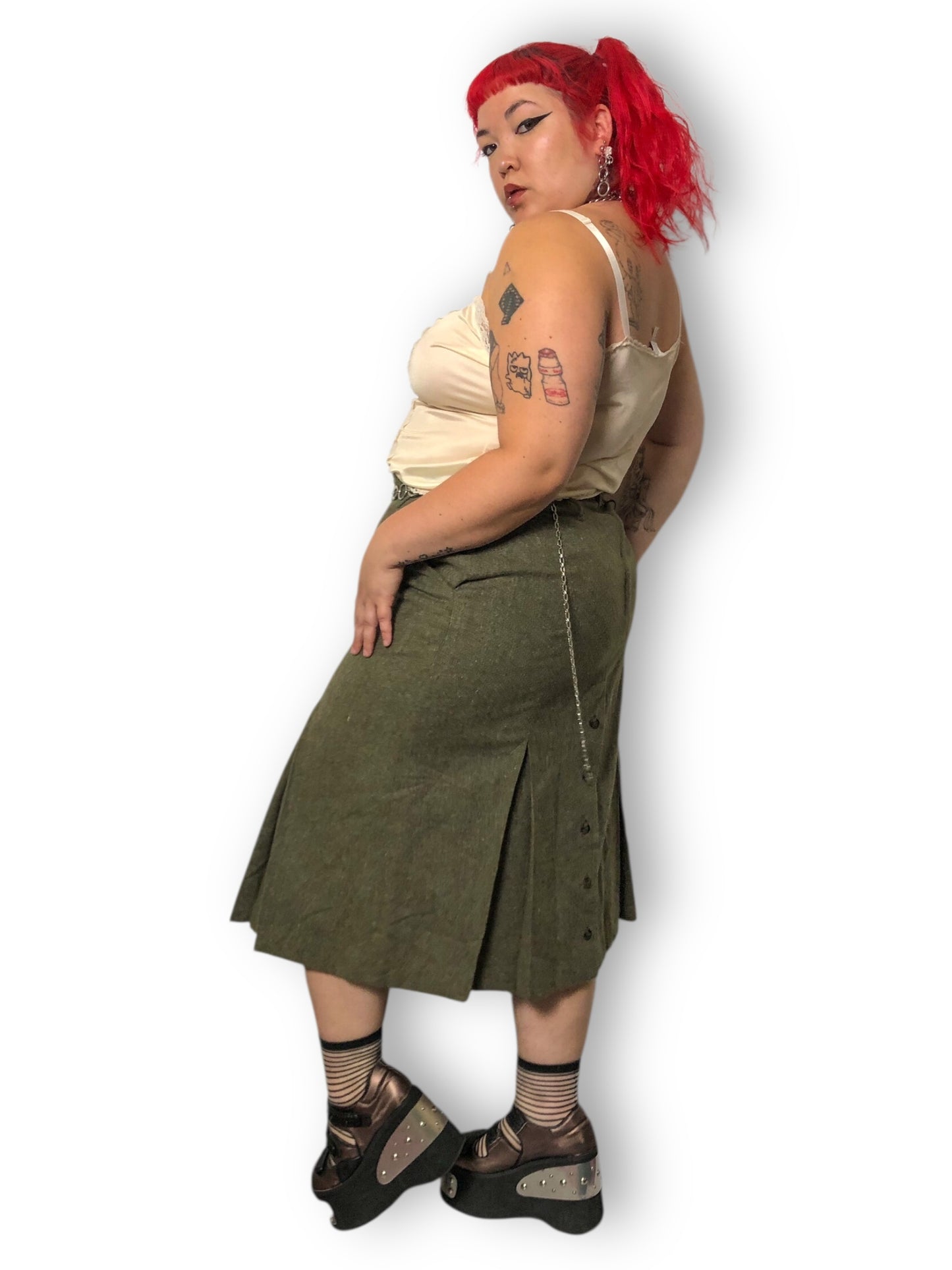 90’s Together! Olive Green Knit Pleated Skirt (2X)