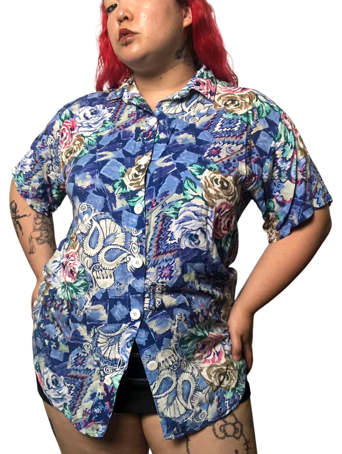 80’s/90’s Victoria Jones Blue Retro Print Button Down Shirt (2X)