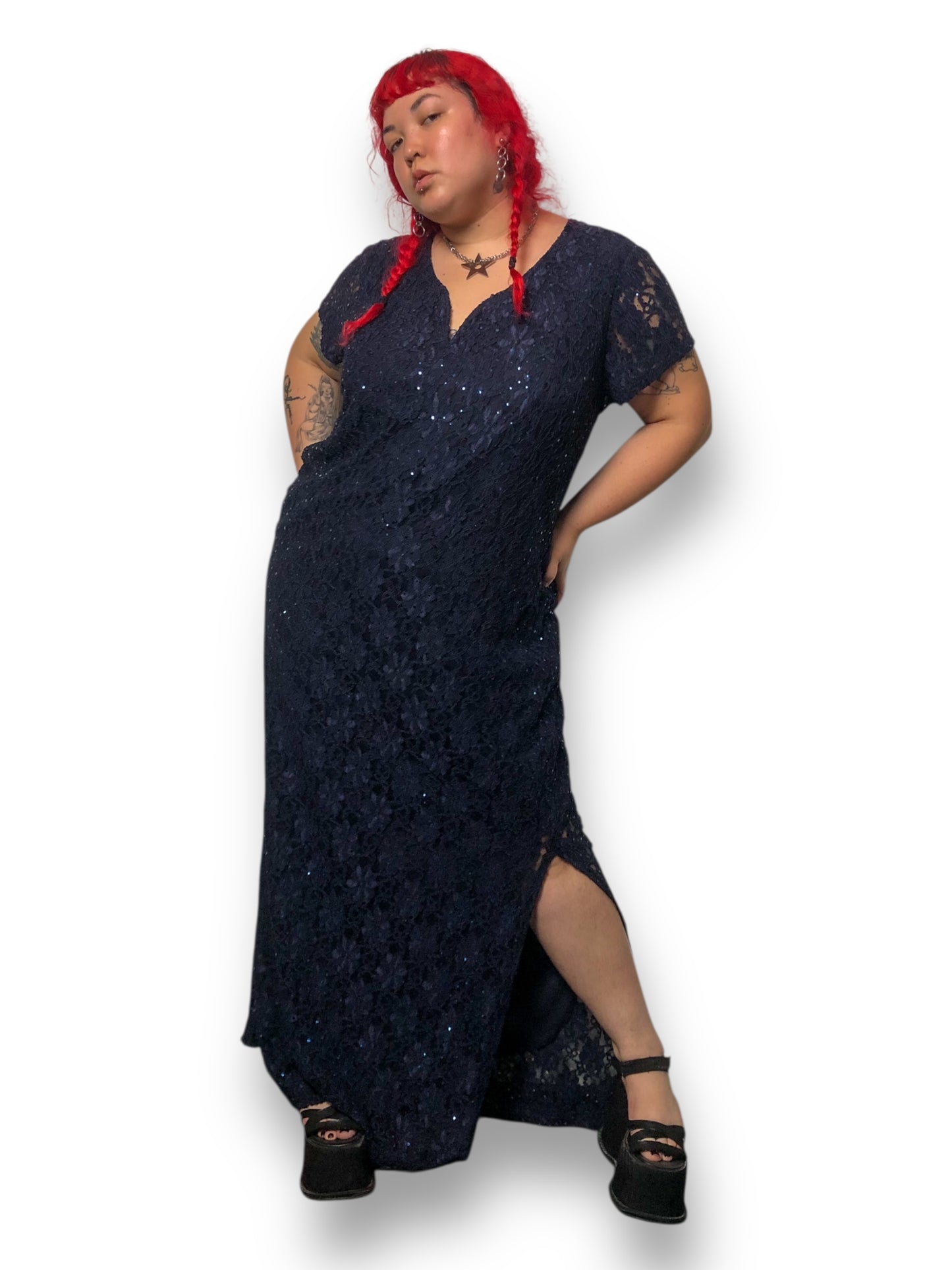 Y2K Connected Navy Blue Floral Lace Evening Dress (3X)