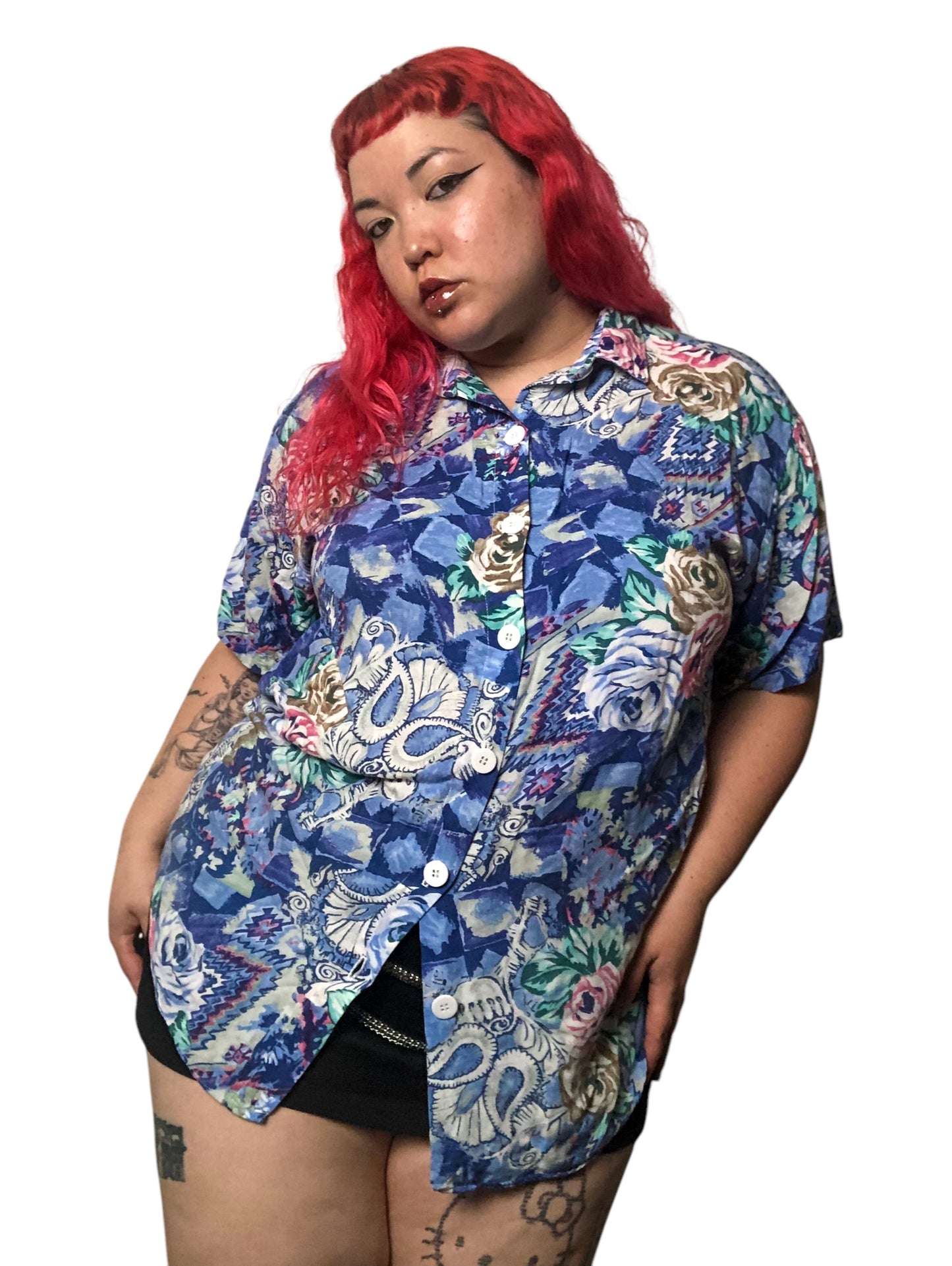 80’s/90’s Victoria Jones Blue Retro Print Button Down Shirt (2X)