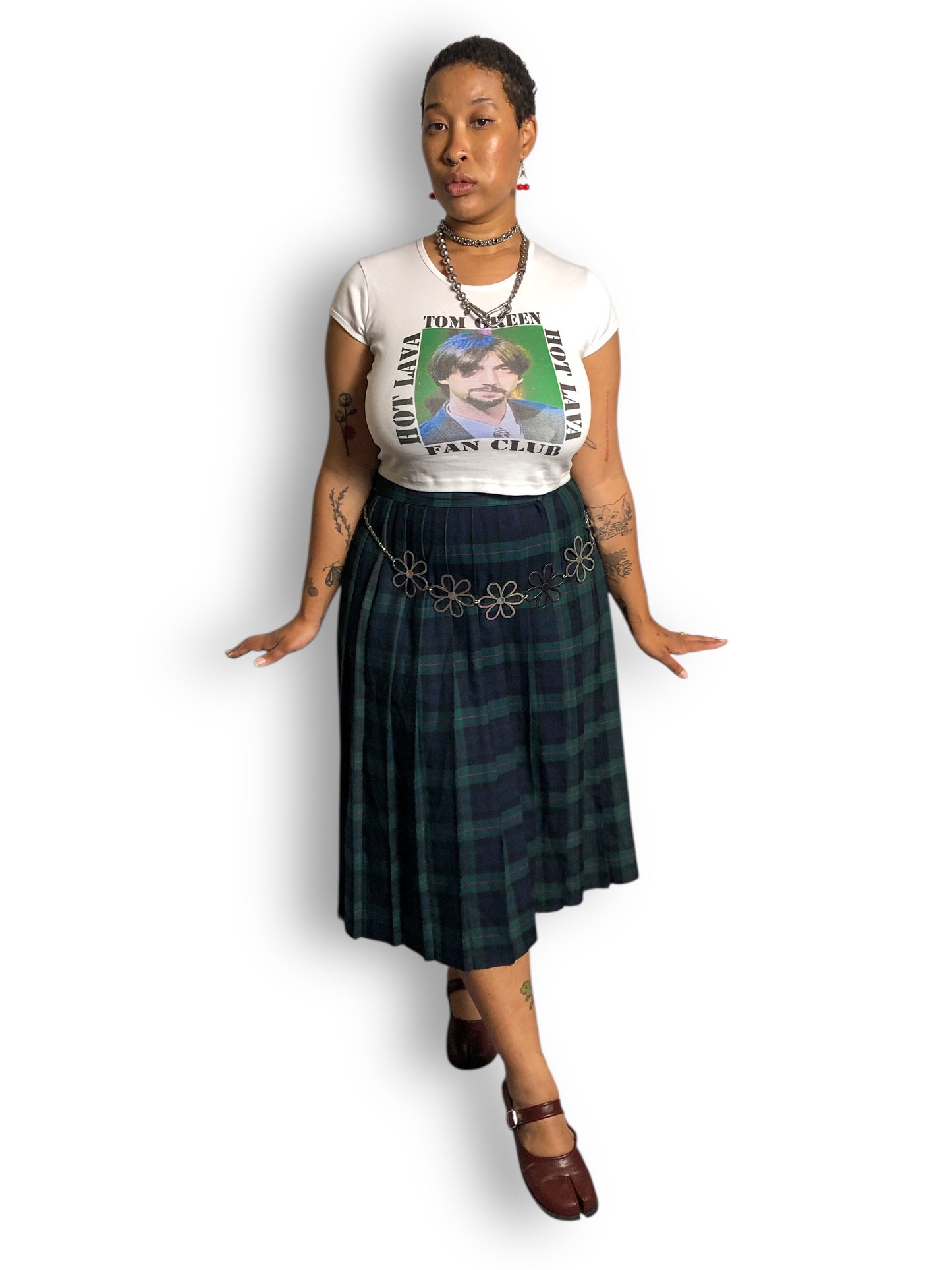 80’s Requirements Green Tartan Plaid Pleated Midi Skirt (XL)