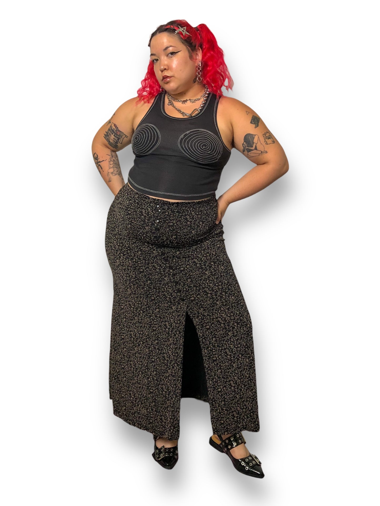 90’s Briggs Black Floral Print Maxi Skirt (L)