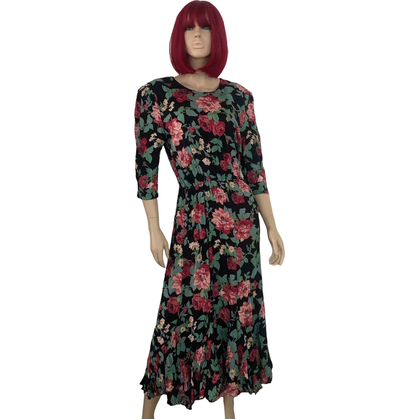 80’s Phoebe Black Floral Print Maxi Dress (L/XL)