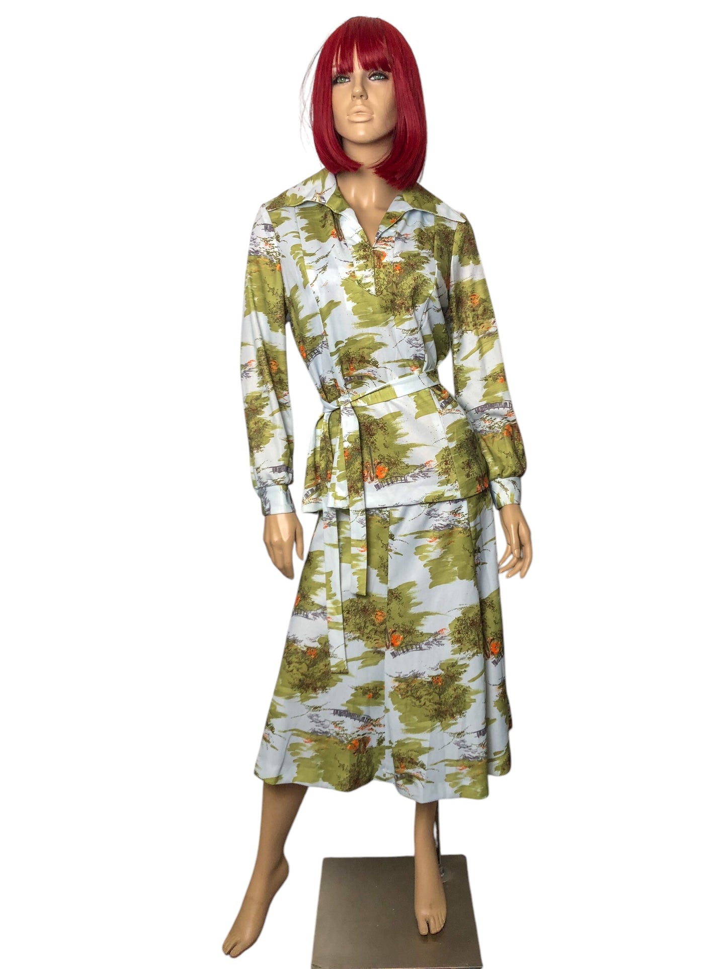 70’s White and Green Retro Print 2-Piece Set (L/XL)