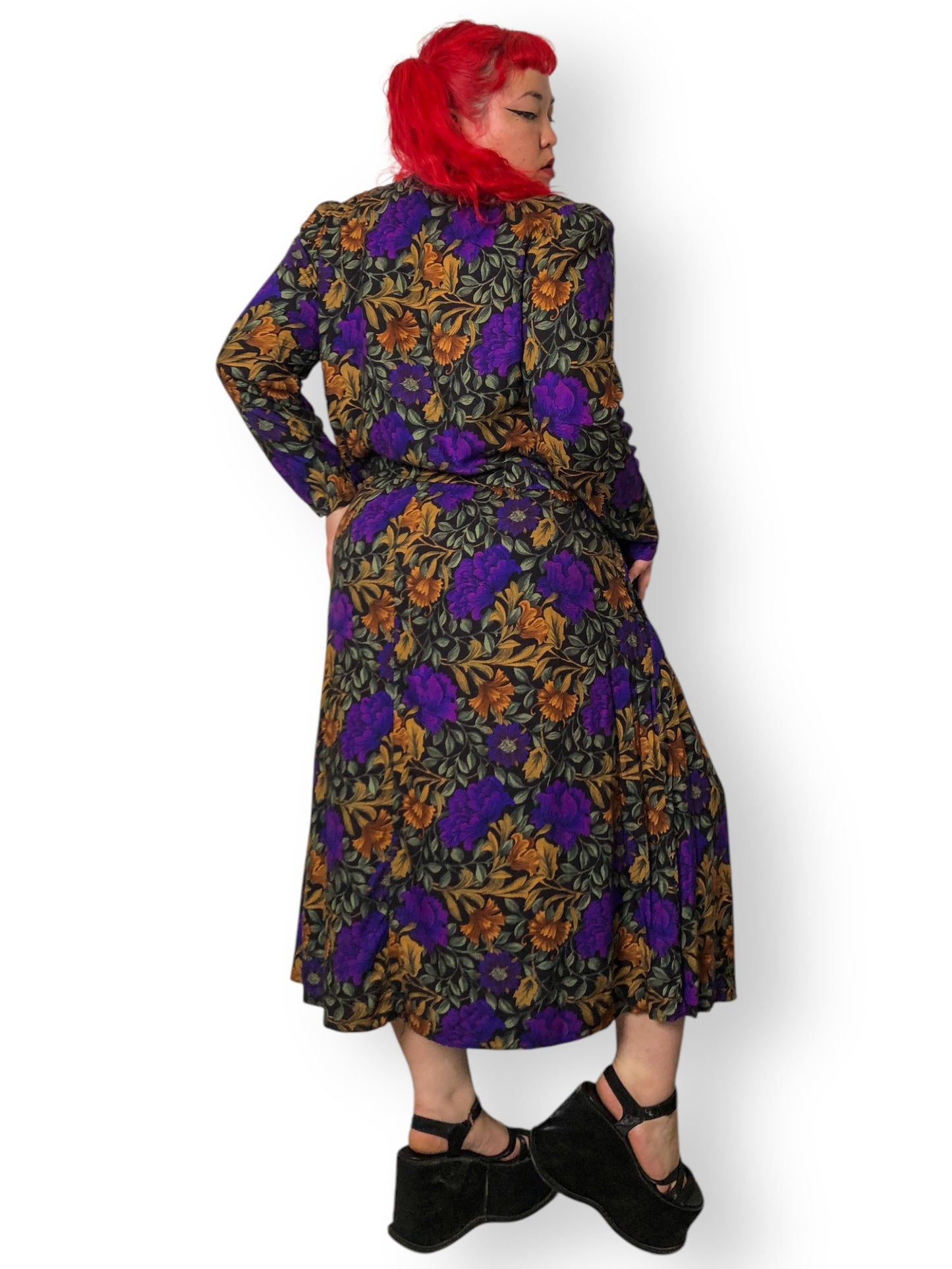 80’s Jessica Howard by Mitchell Rodbell Black Floral Print 2-Piece Set (2X)