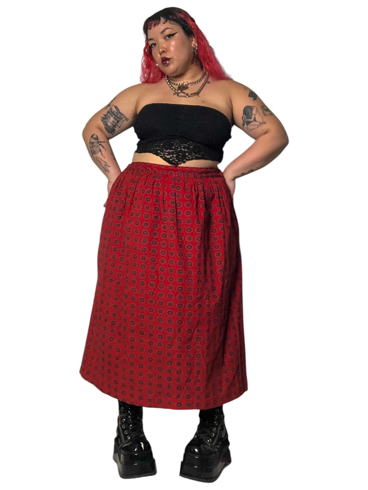 80’s/90’s Impressions II Red Patterned Corduroy Midi Skirt (2X/3X)