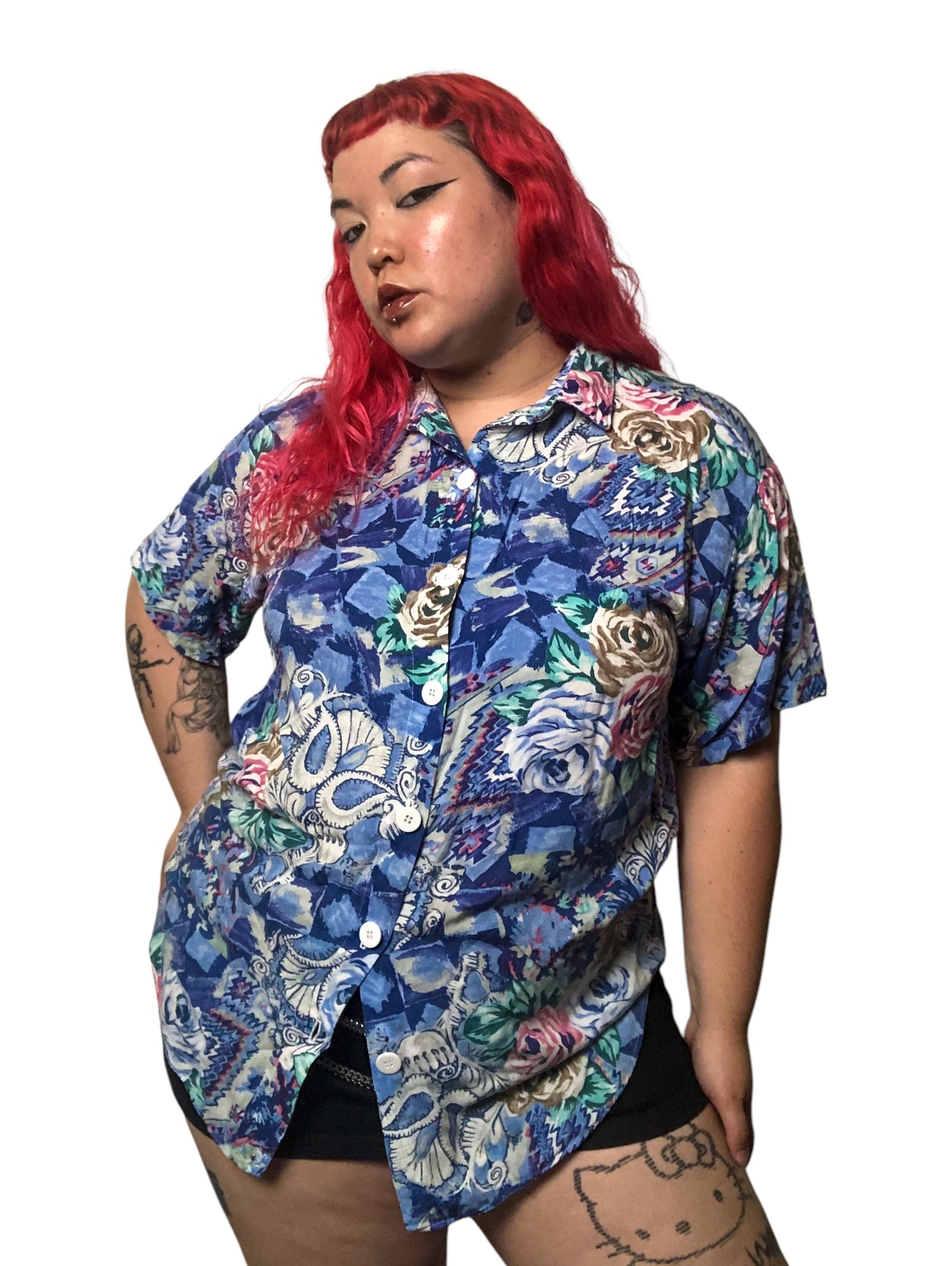 80’s/90’s Victoria Jones Blue Retro Print Button Down Shirt (2X)