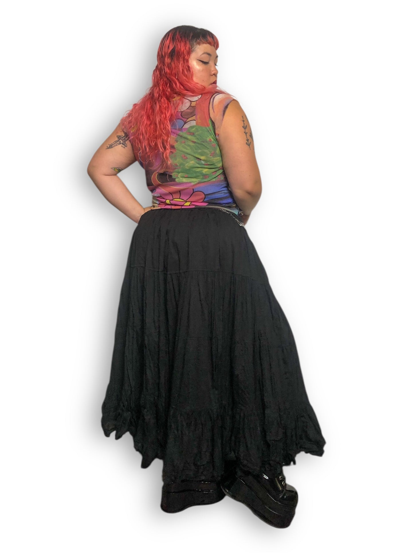 90’s/Y2K Wevez Black Ruffle Tiered Maxi Skirt (OSFM)