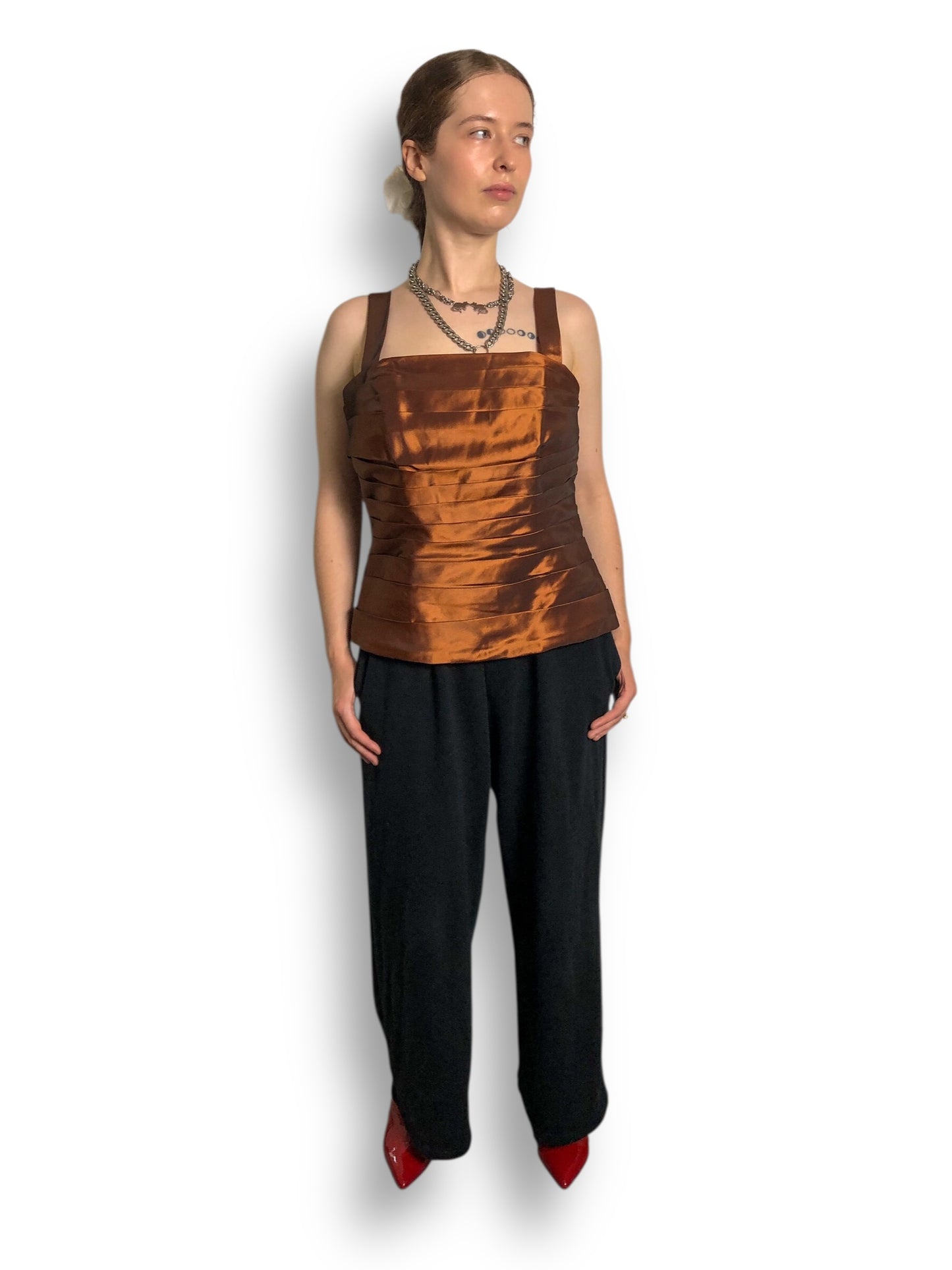 90’s Alfred Angelo Shiny Brown Pleated Tank Top (L)
