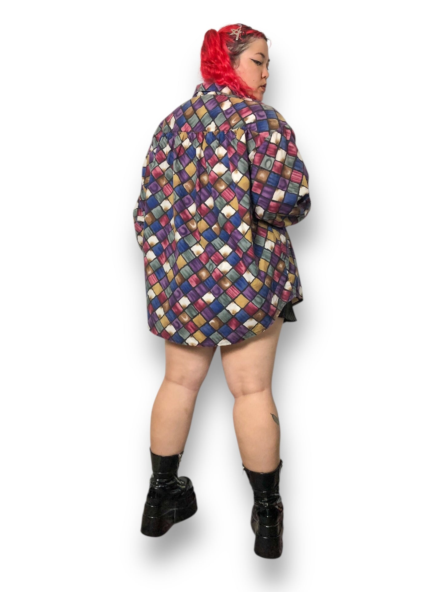 Y2K Roaman’s Colorful Checkerboard Button Down Shirt (XL/2X)