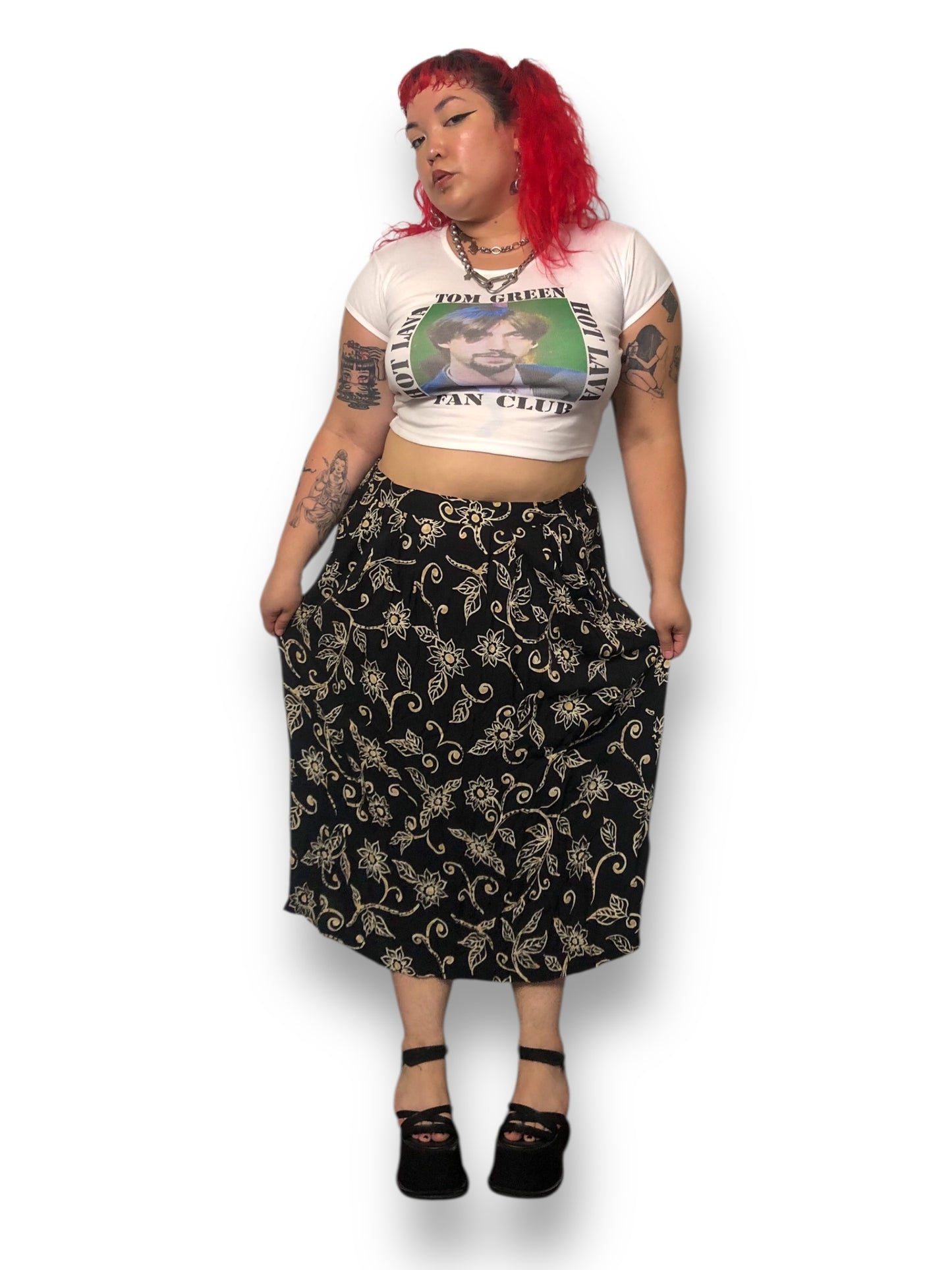 Y2K Sag Harbor Black Floral Print Midi Skirt (2X)