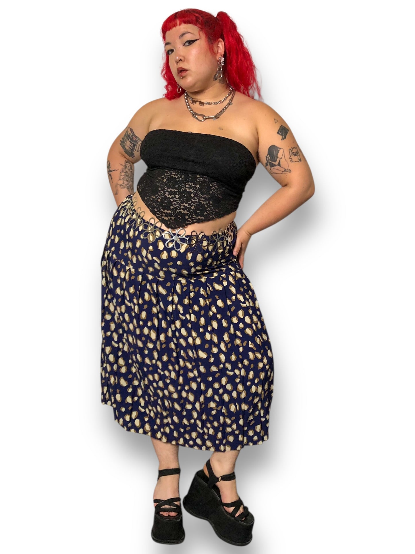 70’s/80’s Navy Blue Patterned Pleated Skirt (2X/3X)