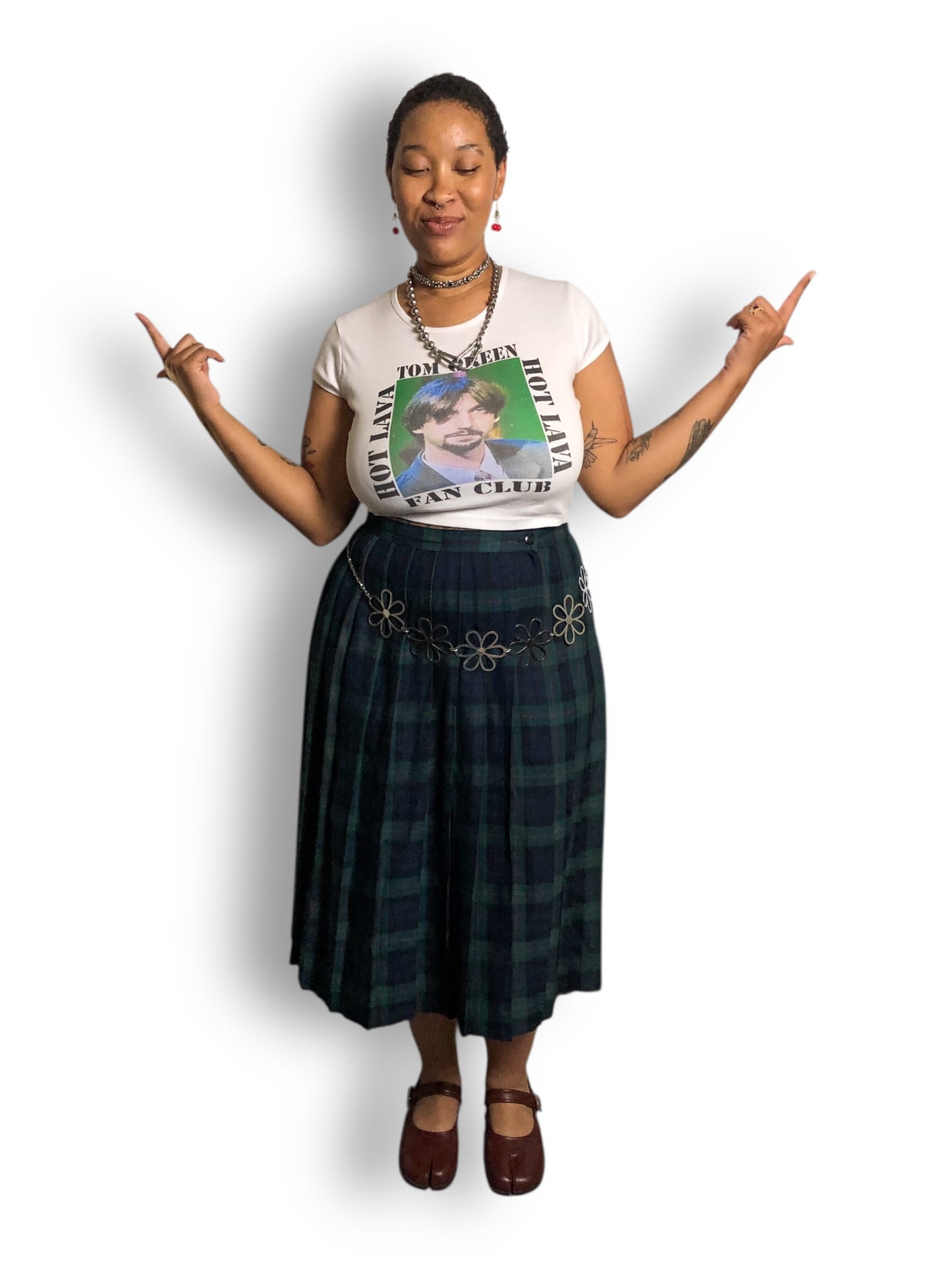 80’s Requirements Green Tartan Plaid Pleated Midi Skirt (XL)