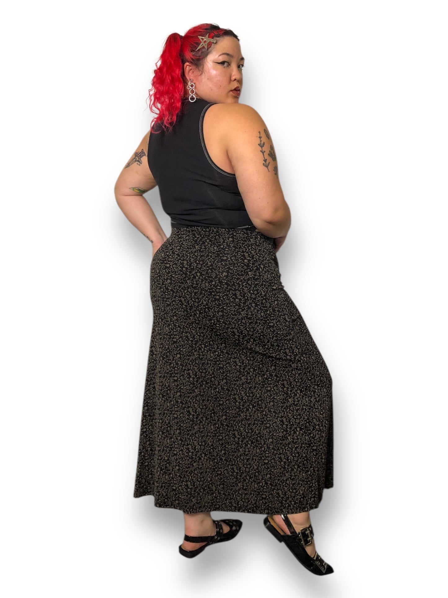 90’s Briggs Black Floral Print Maxi Skirt (L)