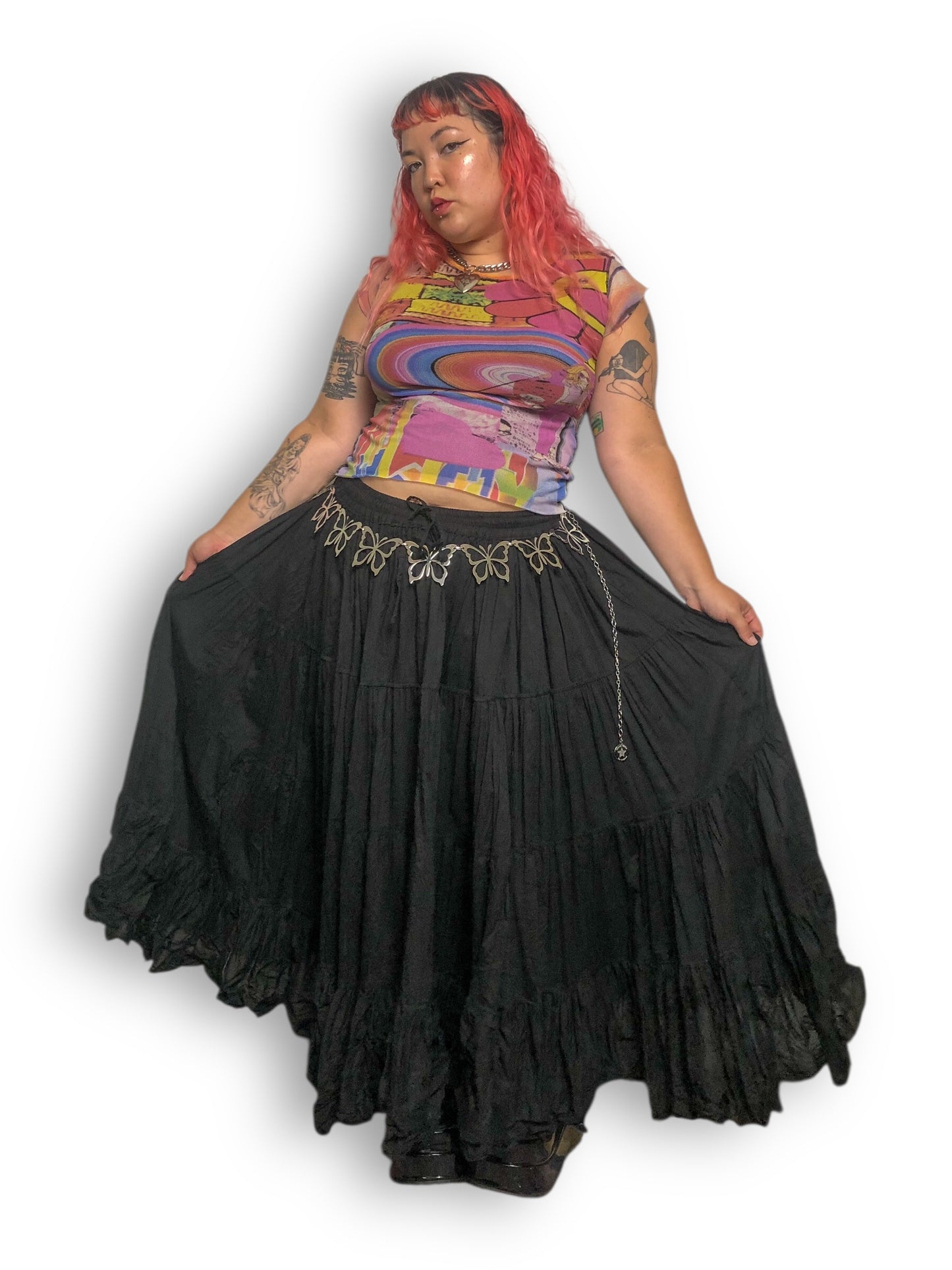 90’s/Y2K Wevez Black Ruffle Tiered Maxi Skirt (OSFM)