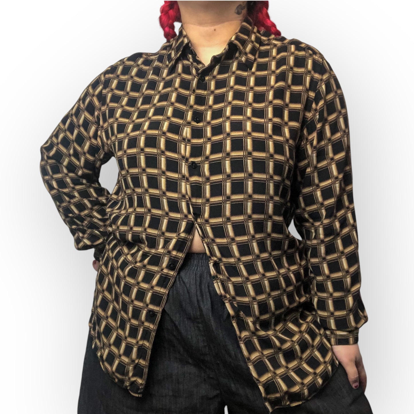 90’s/Y2K Claiborne Black and Brown Retro Grid Print Button Down Shirt (XL/2X)