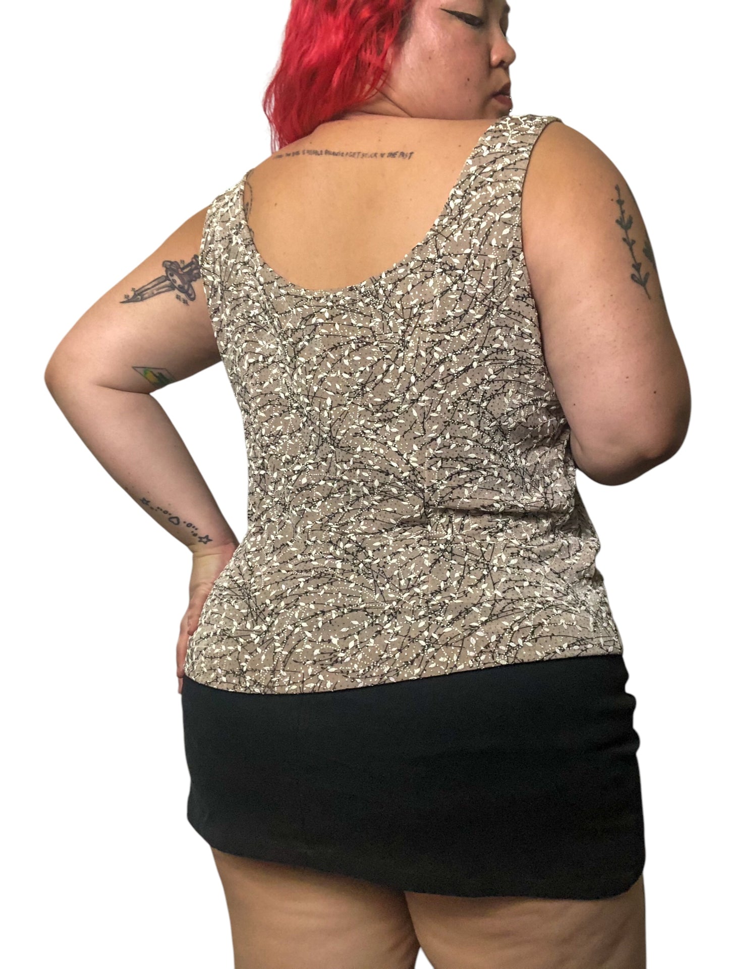 90’s Alex Evenings Glittery Tan Leafy Print Tank Top (XL/2X)