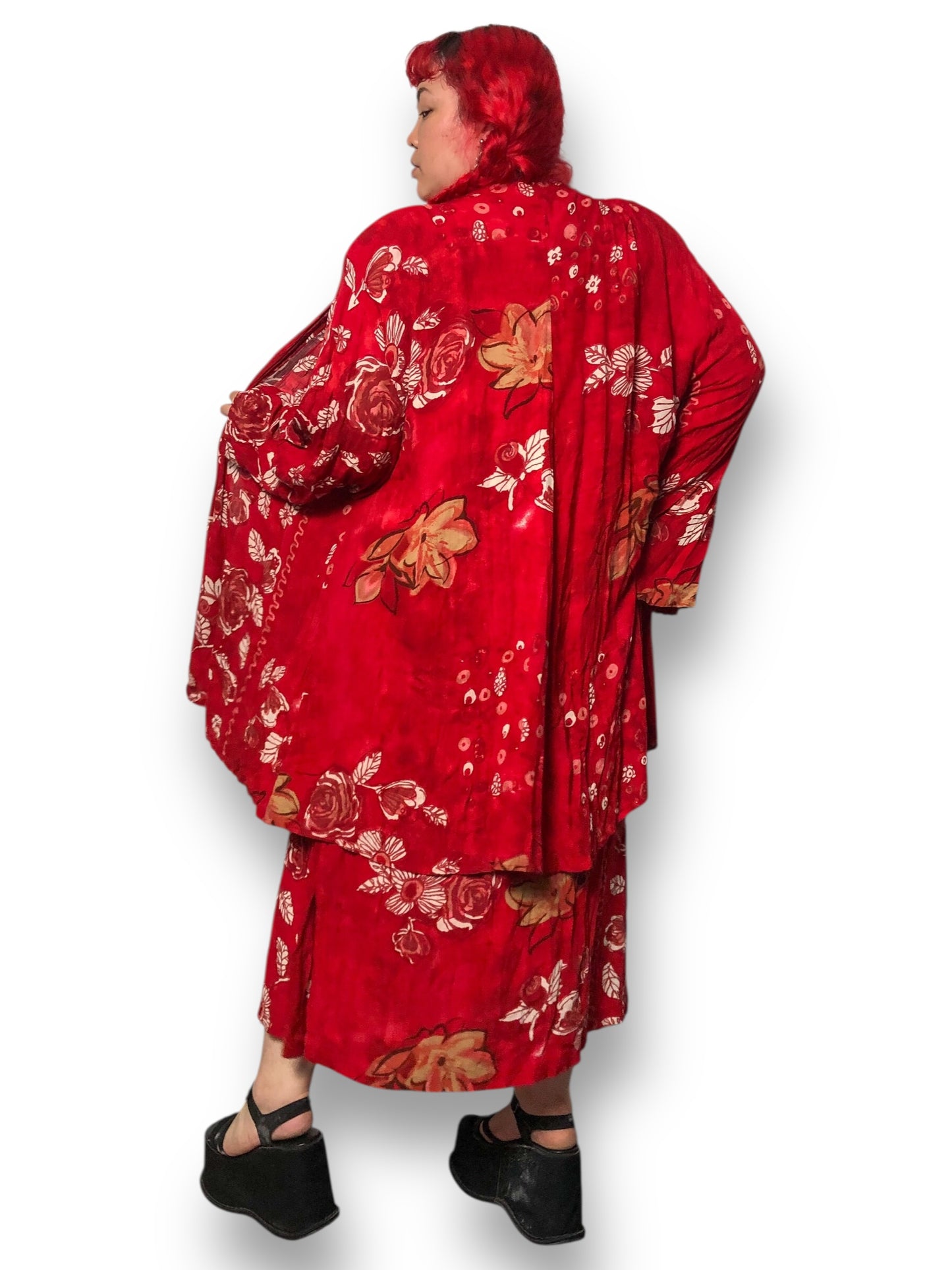 90’s August Max Woman Red Floral Print 2-Piece Set (2X)