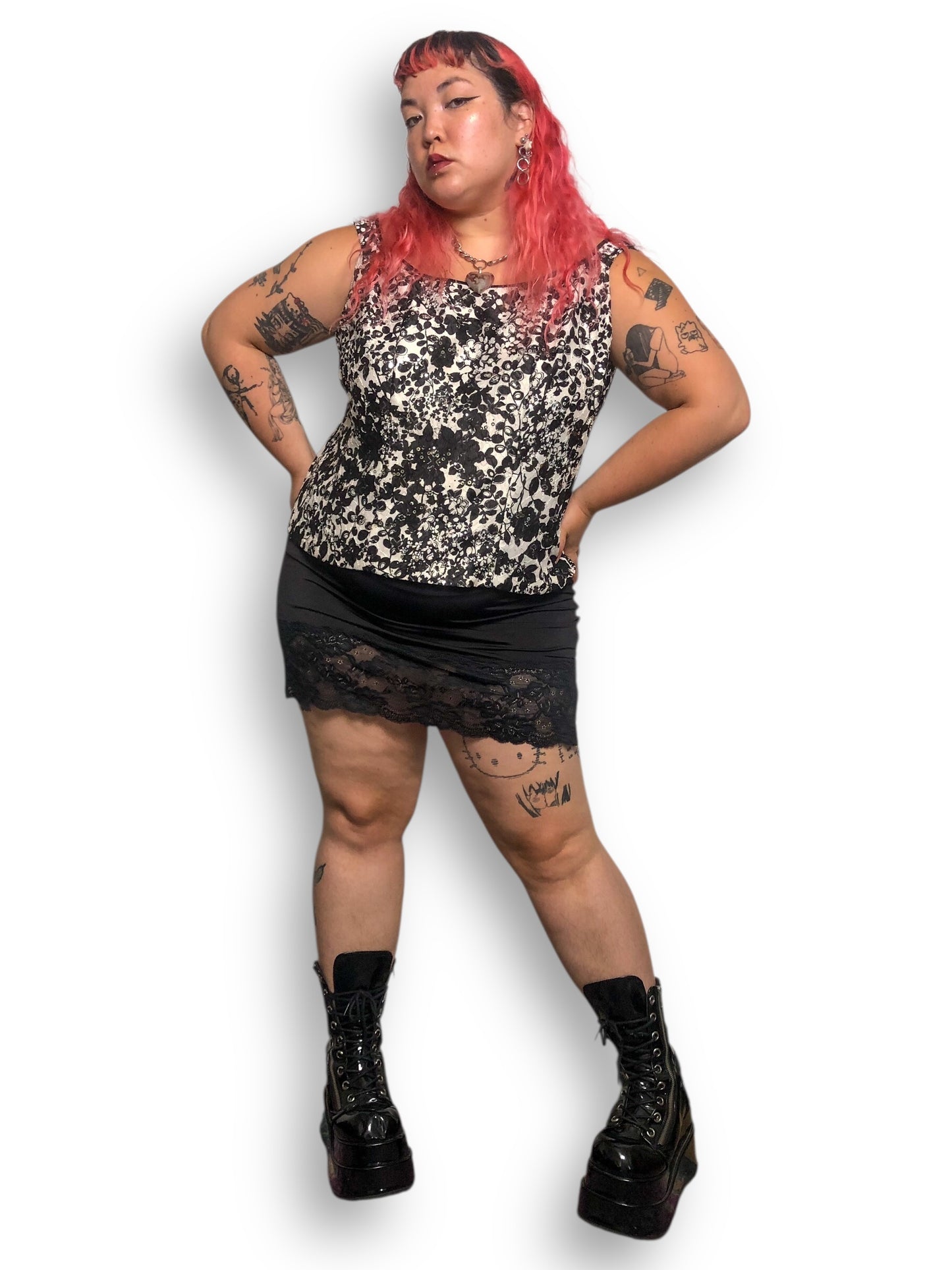 90’s Alex Evenings Black and White Floral Lace Tank Top (3X)