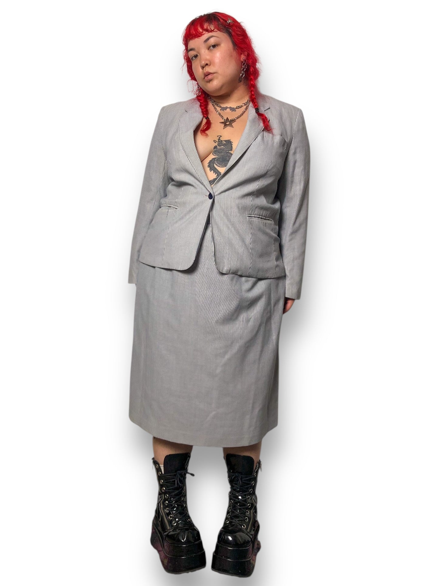 70’s Investments Gray and White Pinstripe Skirt Suit (2X)