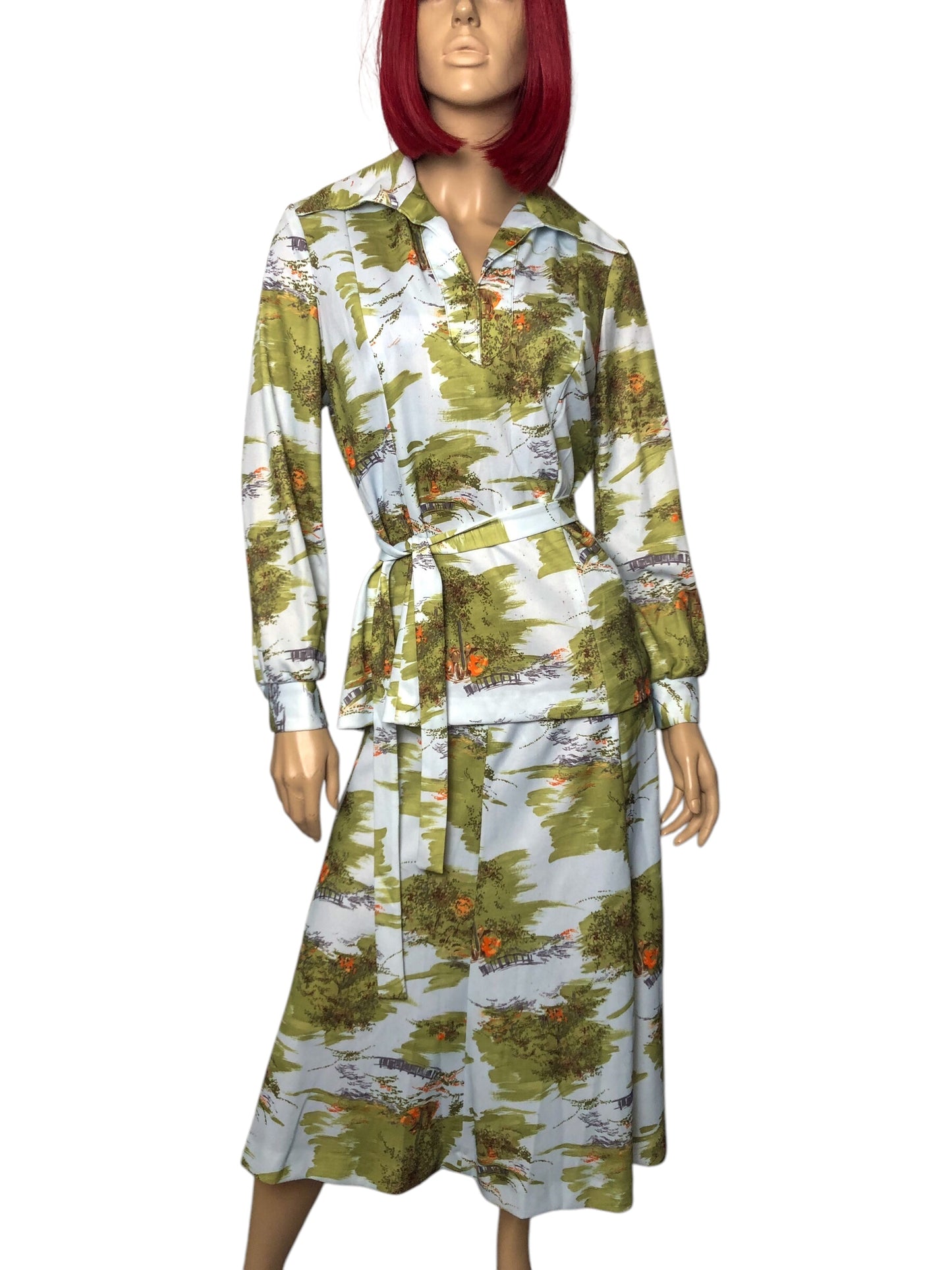 70’s White and Green Retro Print 2-Piece Set (L/XL)