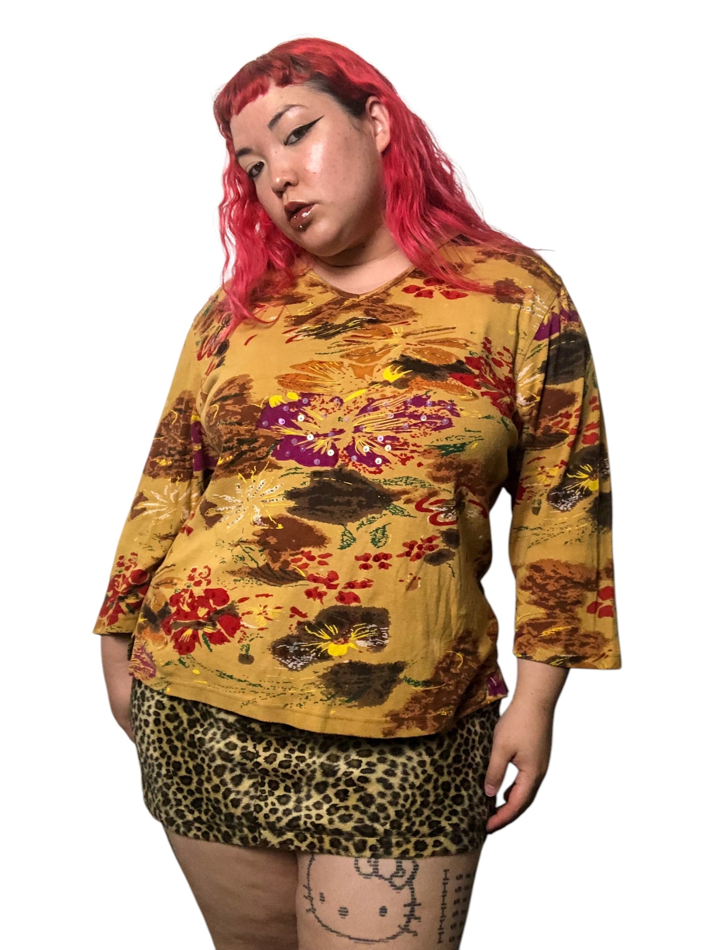 90’s/Y2K Jane Ashley Mustard Floral Print Long Sleeve Shirt (3X)