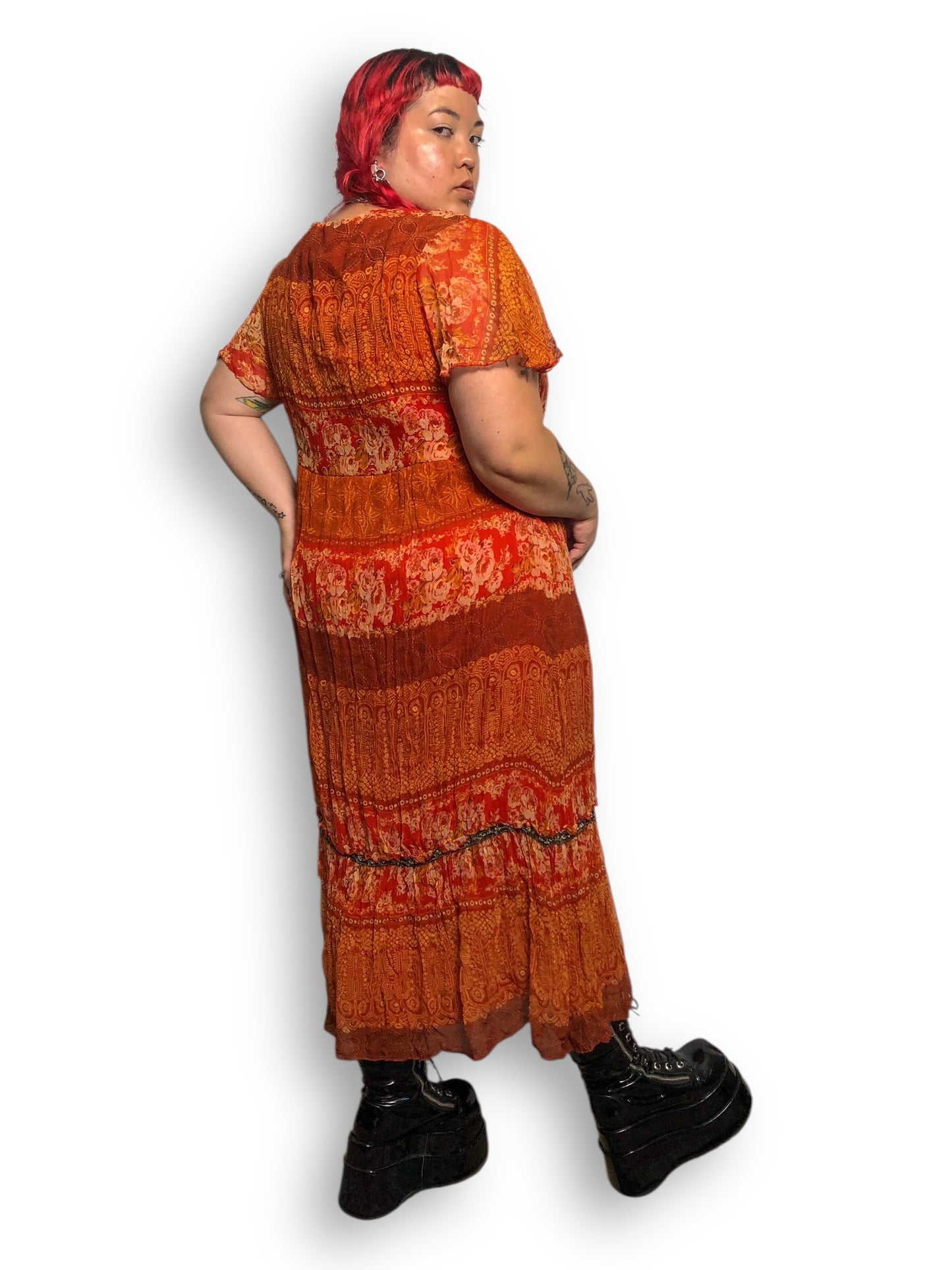 90’s/Y2K Signature by Robbie Bee Orange Patterned Maxi Dress (2X)