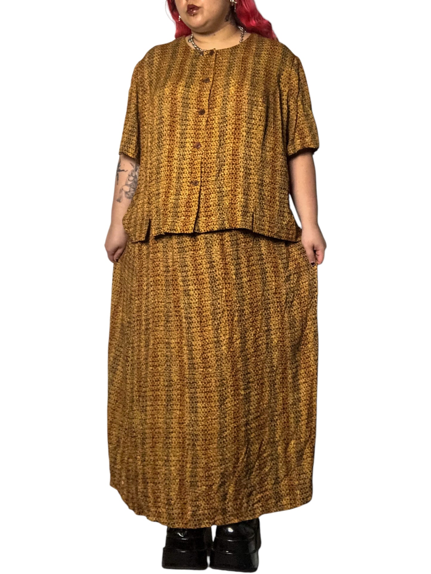 90’s/Y2K Maggie McNaughton Yellow and Brown Patterned 2-Piece Set (3X)
