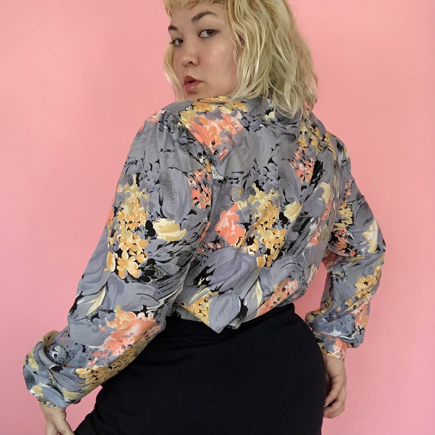 70's/80's Joanna Gray Floral Watercolor Print Blouse (L/XL)